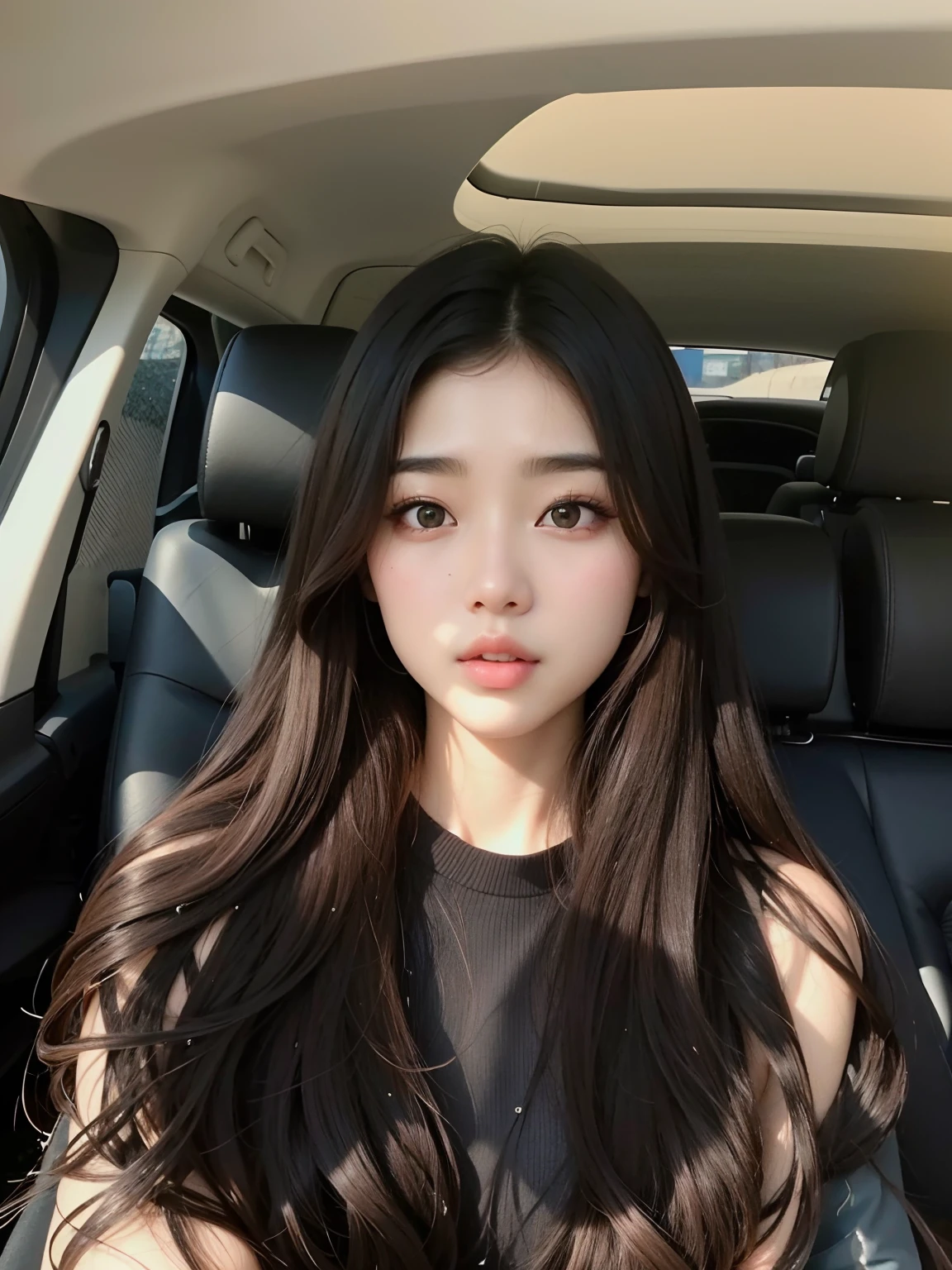 um close up de uma mulher sentada em um carro com cabelos longos, Ulzzang, Mulher sul-coreana bonita, coreana, young adorable korean face, wan adorable korean face, maquiagem sul-coreana popular, Jaeyeon Nam, maquiagem coreana popular, linda mulher coreana jovem, Jinyoung Canela, korean face features, beautiful aesthetic face, mulher coreana jovem bonita, com rosto redondo