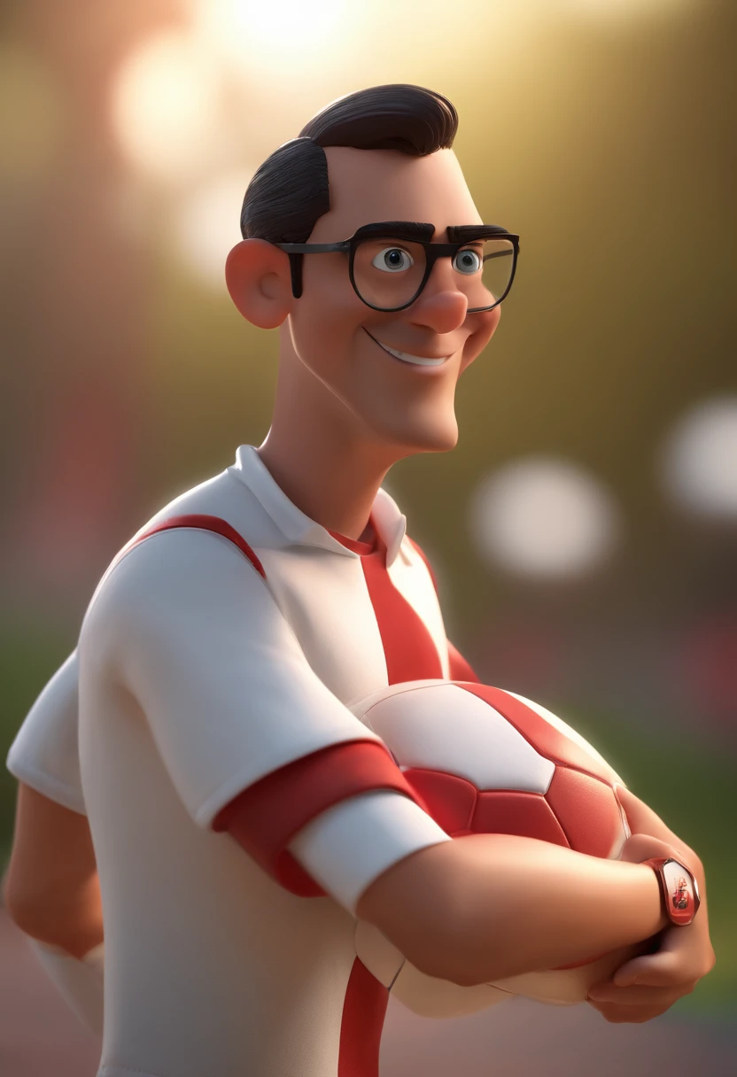 cartoon character of a man with black glasses and a white football shirt of the São Paulo FC team, animation character, Caractere estilizado, animation style rendering, 3D estilizado, Arnold Maya render, 3 d render stylized, toon render keyshot, Personagem 3D, Personagem 3D, 3d rendering stylized, 3 d character render, personagem de desenho animado, Personagem de close up, Pose de personagem,  (Estilo Pixar) (master part:1.2) (Bokeh) (best quality) (pele detalhada) (textura detalhada) (8k) (argila) (Cinematic lighting) (foco nítido
