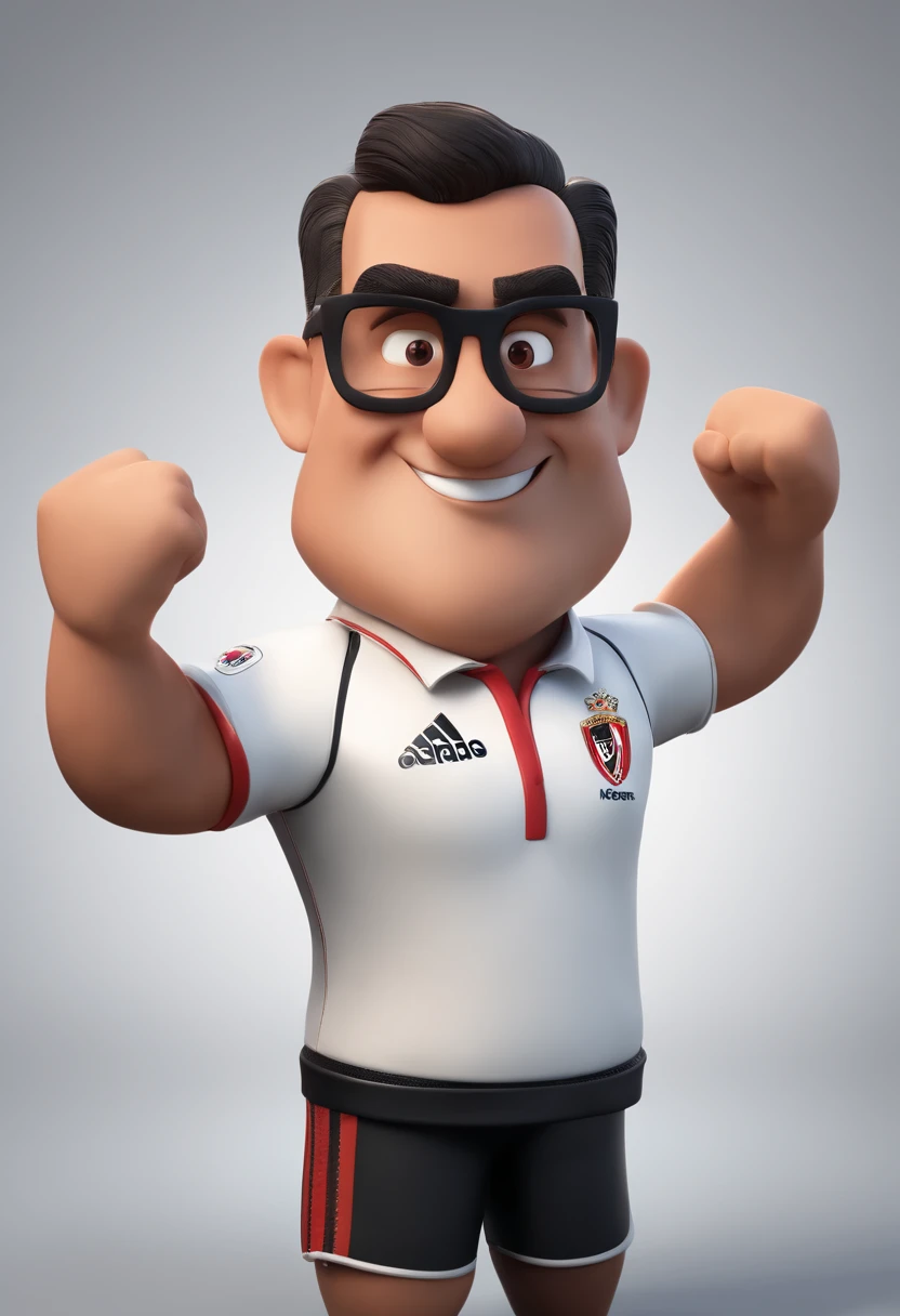 cartoon character of a man with black glasses and a white football shirt of the São Paulo FC team, animation character, Caractere estilizado, animation style rendering, 3D estilizado, Arnold Maya render, 3 d render stylized, toon render keyshot, Personagem 3D, Personagem 3D, 3d rendering stylized, 3 d character render, personagem de desenho animado, Personagem de close up, Pose de personagem,  (Estilo Pixar) (master part:1.2) (Bokeh) (best quality) (pele detalhada) (textura detalhada) (8k) (argila) (Cinematic lighting) (foco nítido