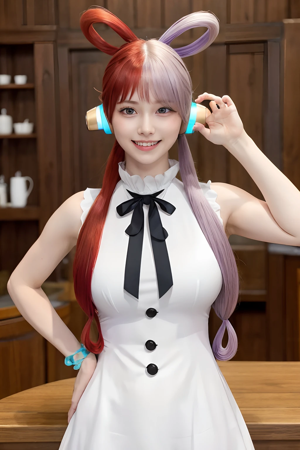 masterpiece, best quality, highres, 1girl, split-color hair, hair over one eye, red hair, multicolored hair, long hair, purple eyes, hair rings, white dress, headphones, white hair, black ribbon, bangs, sleeveless, medium breasts, paw pose, smile, teeth,