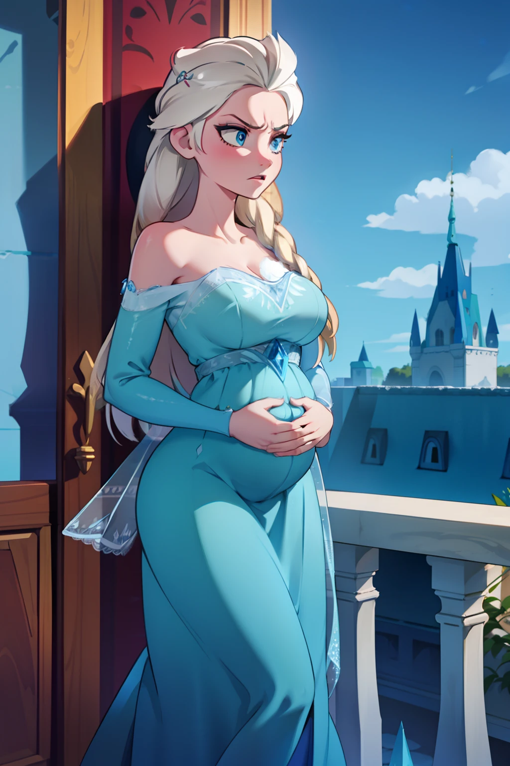 Elsa with an angry expression, pregnant,blue dress, on a balcony