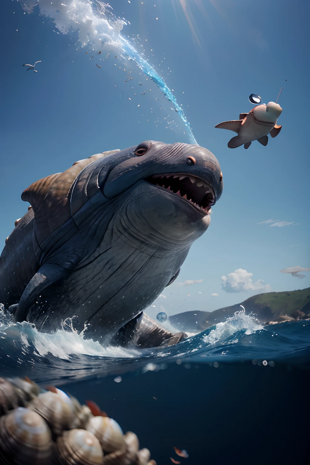 A very dynamic scene. A Huge Fantasy Beast, Snail Whale, Blue-Red. Quick Departure from the Giant Seashell. Very close-up. Disney Pixar cartoon. Photorealistic, Cinematic. There are a lot of flying splashes around in different directions. Blurred background in motion. Light haze.