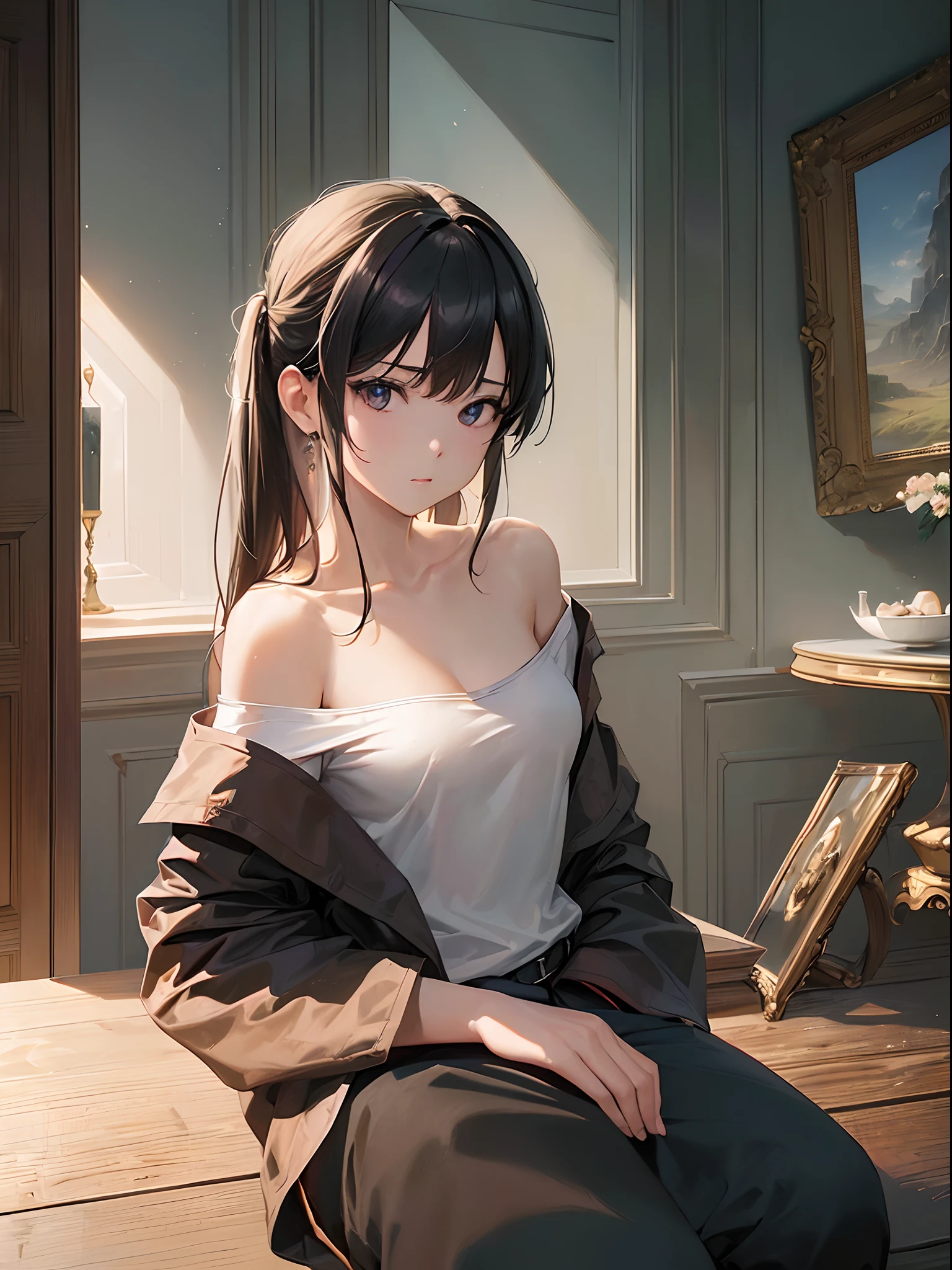 ((Finest quality)),(超A high resolution),(ultra-detailliert),(Meticulous portrayal),((best pictures)),(Finest works of art),Ultra-Precision Art,The art of astounding depiction, (1人の女性:1.5),(off shoulder shirt:1.6),stockings,Women's Boots