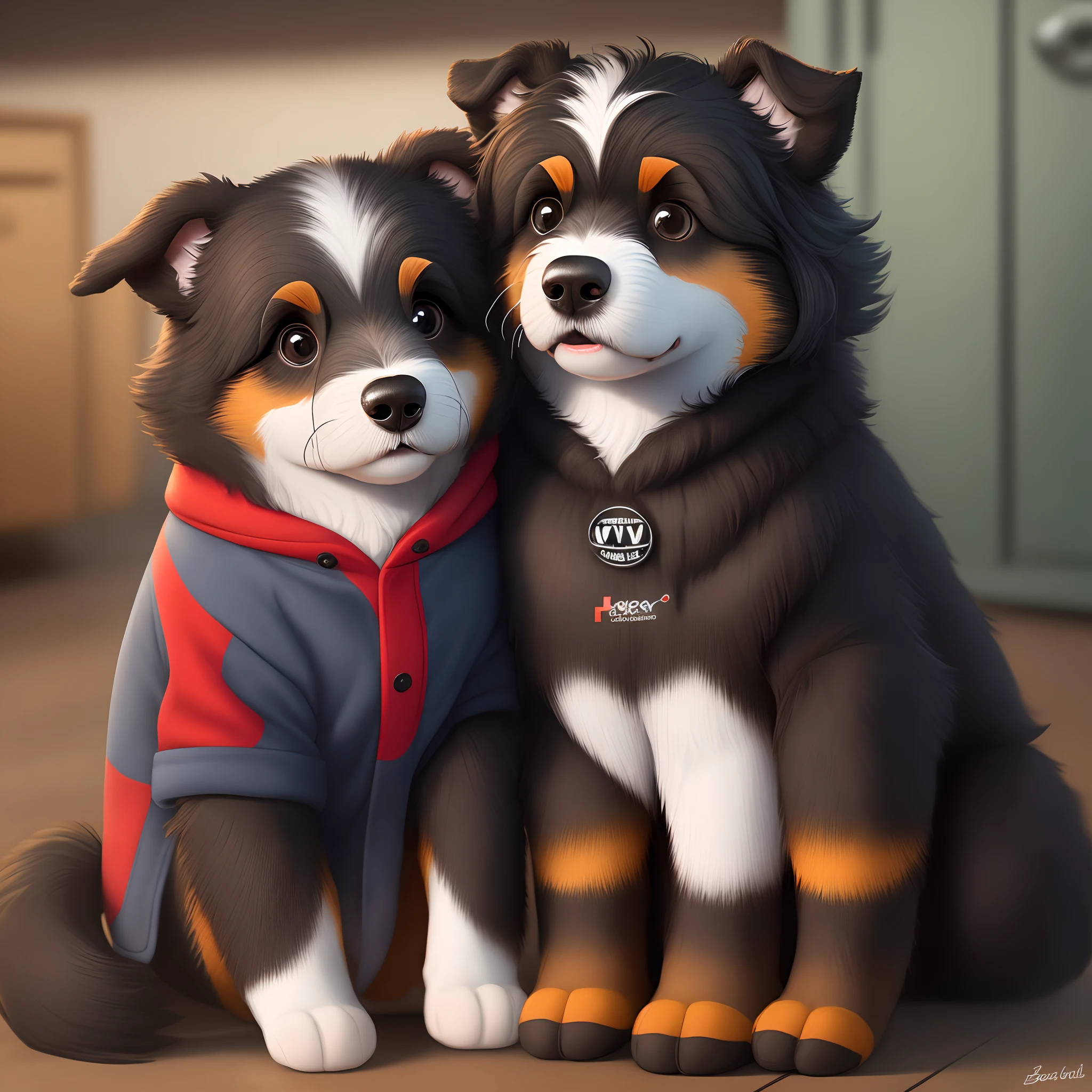 Pixar style mini bernedoodle with black eyes, black fur and white fur on feet, chest, and between eyes wearing a red and black flannel jacket