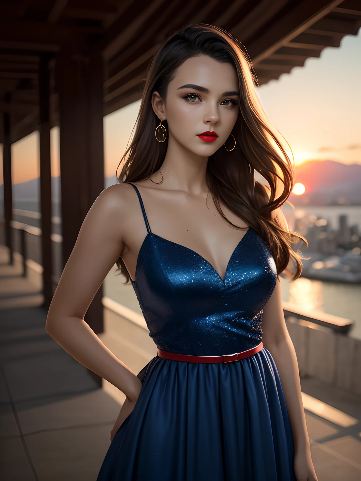 Portrait of de Georgy Henley, Beautiful young woman, long hair, In a blue dress standing for a photo, a sexy girl, Pretty woman, Pretty woman, Pretty woman, stunning woman, Keel pose, Beautiful girl , Pretty Girl, Sexy Look, Beautiful young lady, beautiful portrait, (lipstick red lips), Stylish makeup, Sunset, Style Bay (Steve McCurry), جهاز نيكون Z FX, فتات EF 70mm, cinematic lighting, Studio background, Long exposure mode, Long shot type, Vibrant color scene, Futurialista, Ink, beautifull face, extremely detailed face, perfect body, full-body, Impeccable, Realistic, A highly detailed, Artstation, Direction, Piece of Masters, realstic face, realistic skin, detailled eyes, Huge fan., Ultra-realistic N-9 display, 4k, 8k, 16k, 20K, hdr, UHD, 64k, perfect illumination, Studio Lighting, Futurialista, a hyper realistic, symetrical face, unreal-engine, bokeh, High-resolution scanning, Professional Photography