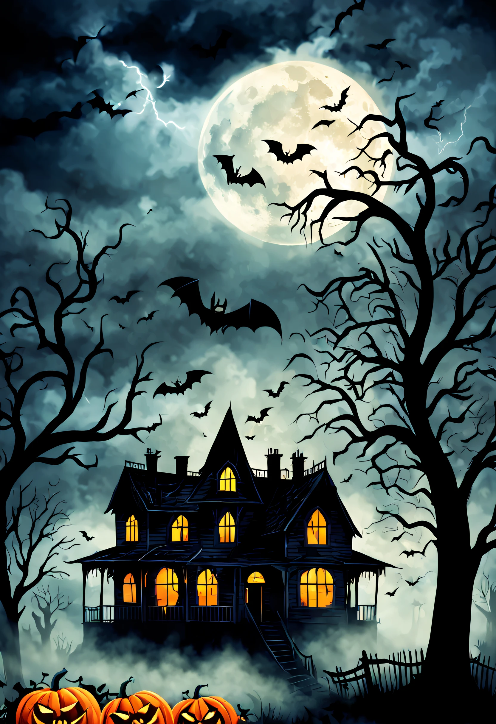 a spooky Halloween billboard,haunted house silhouette,creepy night scene,full moon in the background,pumpkins with sinister grins,witch flying on a broomstick,ominous clouds and lightning,scary tree branches with twisted shapes,gloomy atmosphere,orange and black color scheme,phantom-like figures,hauntingly beautiful typography,ghostly apparitions fading in and out,intense contrast and dramatic shadows,bats fluttering in the dark sky,misty fog adding an eerie feel,gritty texture and distressed effects to give an aged look,gothic art style,dark and mysterious theme