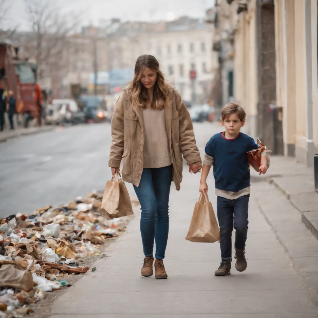 jovens, homem e mulher, com filhos, todos sujos e suados, Walking down the sidewalk of a city full of garbage, com roupas velhas rasgadas e sujas, super realista.