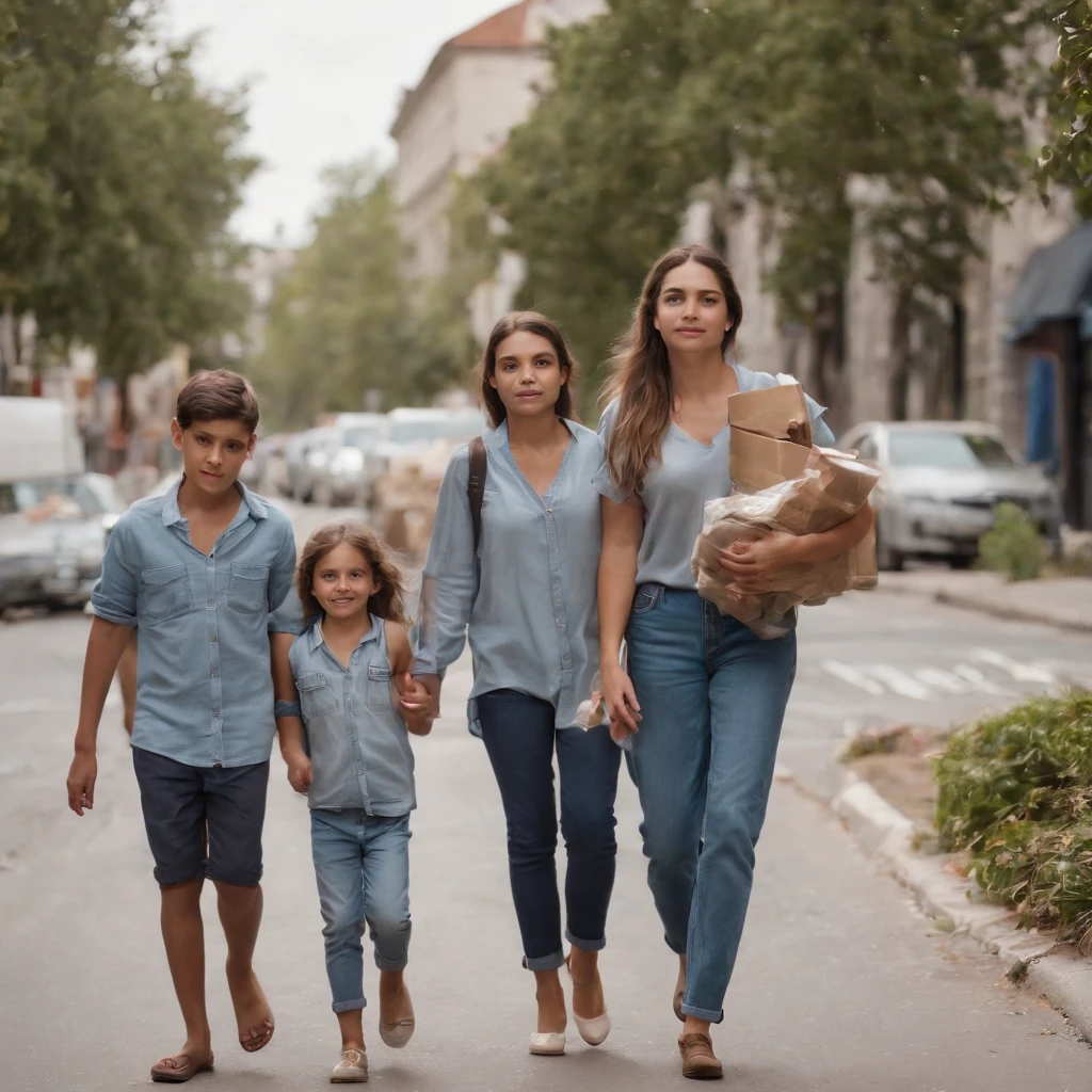 jovens, homem e mulher, com filhos, todos sujos e suados, Walking down the sidewalk of a city full of garbage, com roupas velhas rasgadas e sujas, super realista.