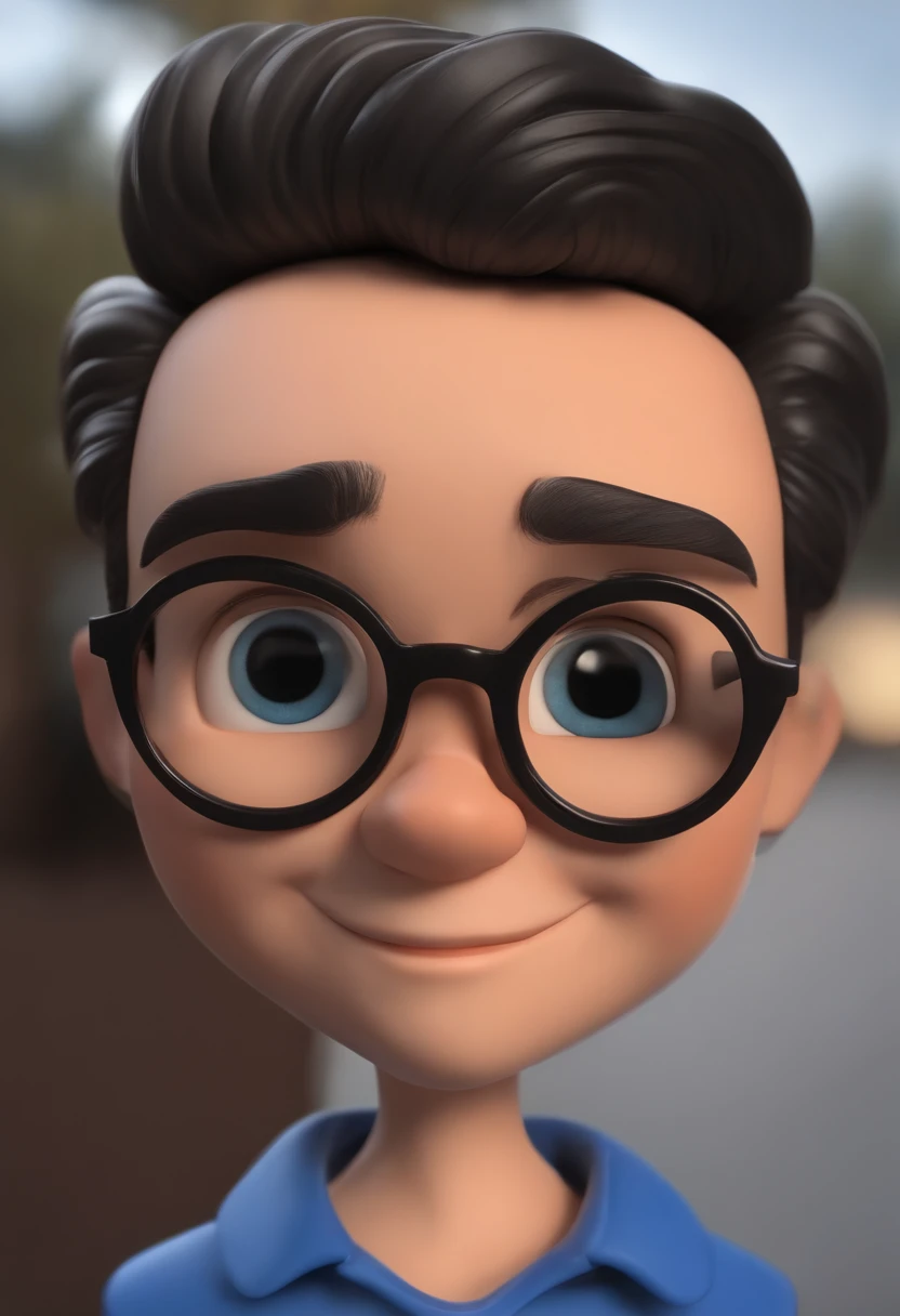 Cartoon character of a man wearing black glasses and a blue shirt, um personagem animado, Caractere estilizado, animation style rendering, 3D estilizado, Arnold Maya render, 3 d render stylized, toon render keyshot, Personagem 3D, Personagem 3D, 3d rendering stylized, 3 d character render, personagem de desenho animado, Personagem de close up, Pose de personagem, (Estilo Pixar) (master part:1.2) (Bokeh) (best quality) (pele detalhada) (textura detalhada) (8k) (argila) (Cinematic lighting) (foco nítido,Senta e vaza a parte superior do corpo