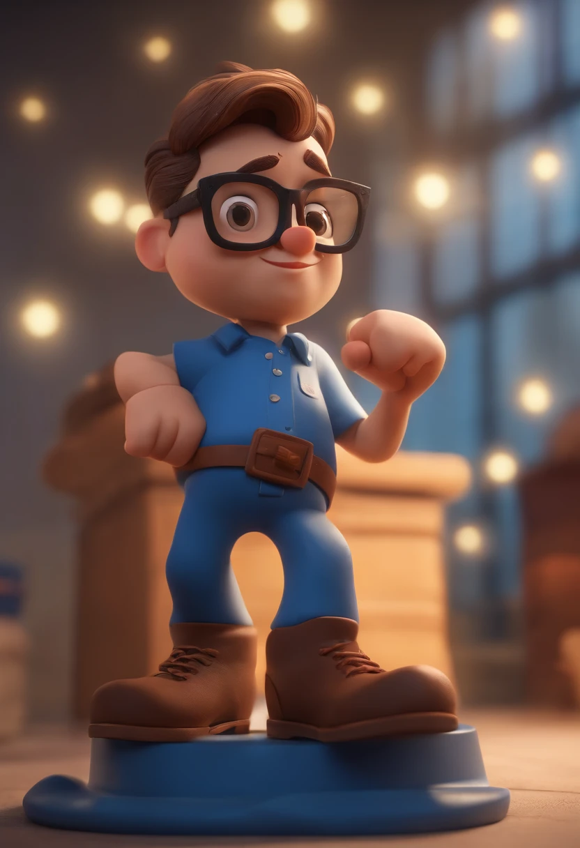 Cartoon character of a man wearing black glasses and a blue shirt, um personagem animado, Caractere estilizado, animation style rendering, 3D estilizado, Arnold Maya render, 3 d render stylized, toon render keyshot, Personagem 3D, Personagem 3D, 3d rendering stylized, 3 d character render, personagem de desenho animado, Personagem de close up, Pose de personagem, (Estilo Pixar) (master part:1.2) (Bokeh) (best quality) (pele detalhada) (textura detalhada) (8k) (argila) (Cinematic lighting) (foco nítido，Senta e vaza a parte superior do corpo