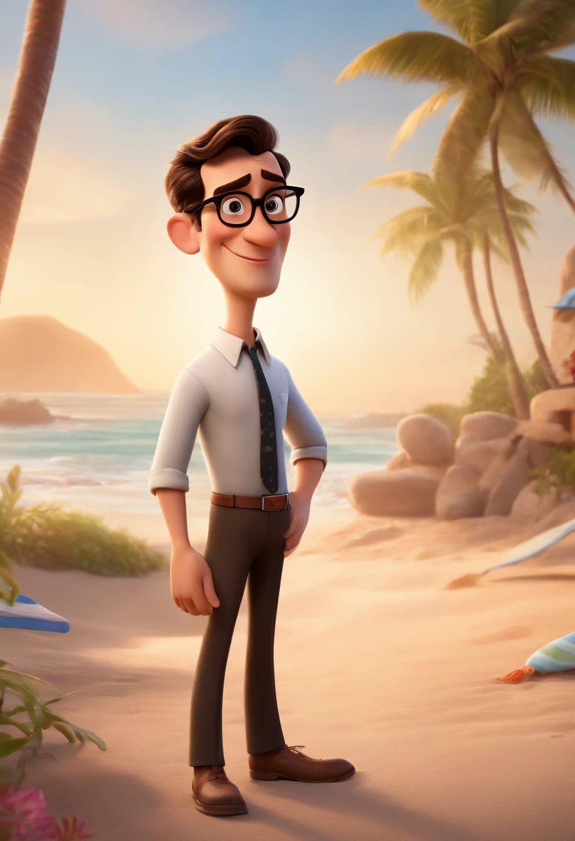 Disney Pixar character, a tall 34-year-old man on the beach, dressed in a dress shirt, with brown eyes and dark hair, wears black oval glasses. Slim, white-skinned, oval face
