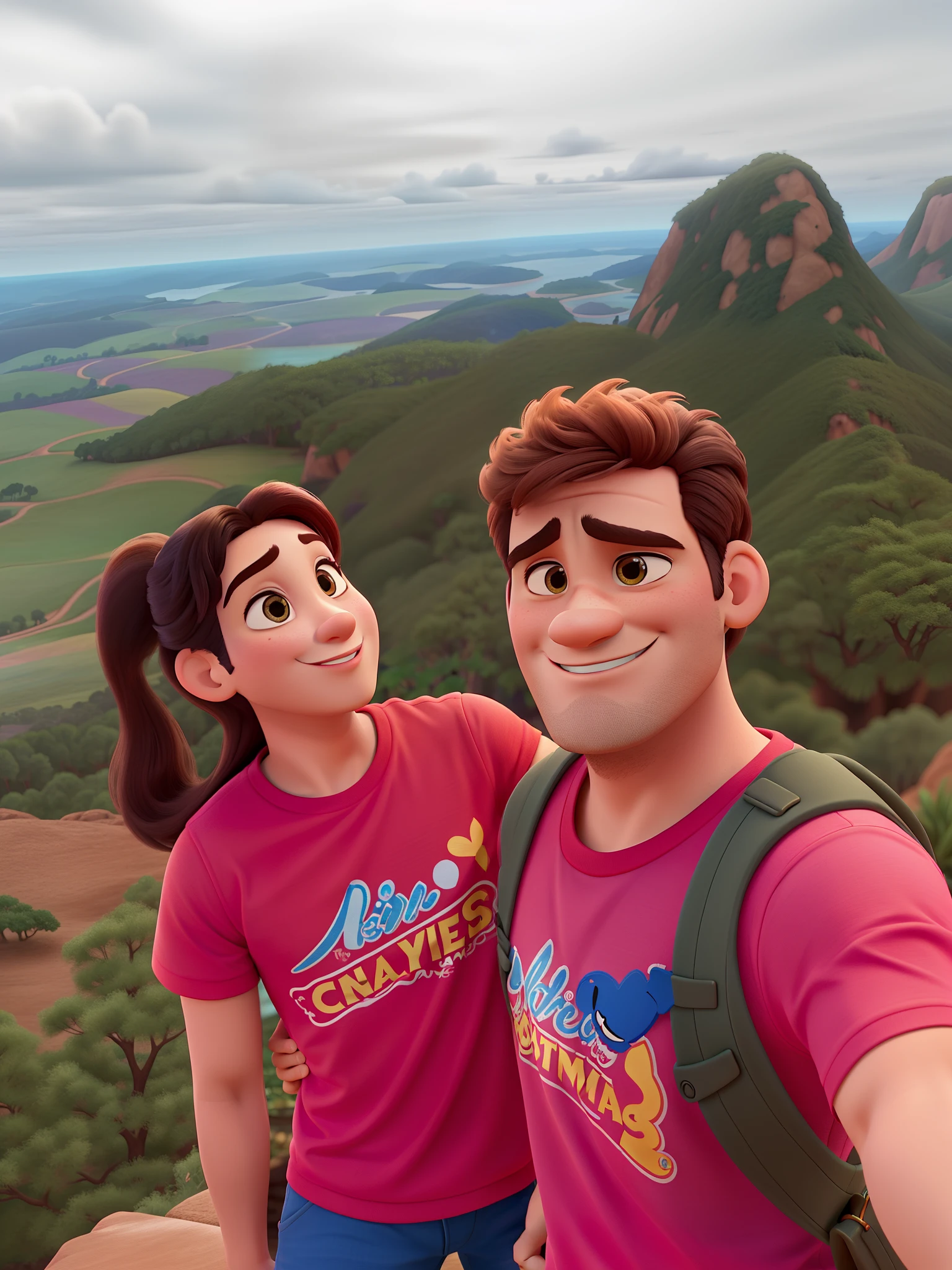 Um casal de namorados no estilo Disney pixar,  alta qualidade, melhor qualidade, com montanhas ao fundo