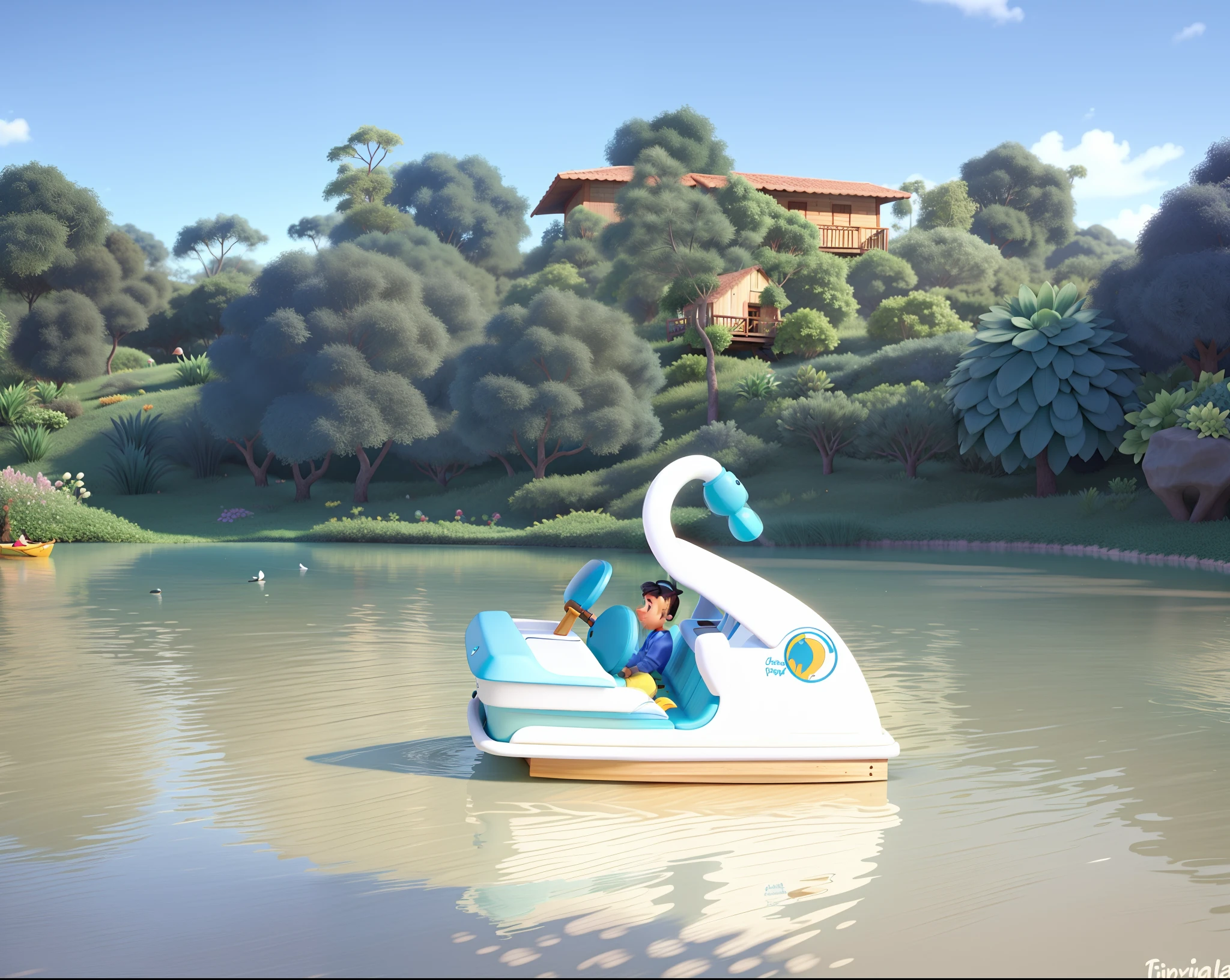 Cabana com lago na frente, estilo disney pixar com arvores e pedalinho