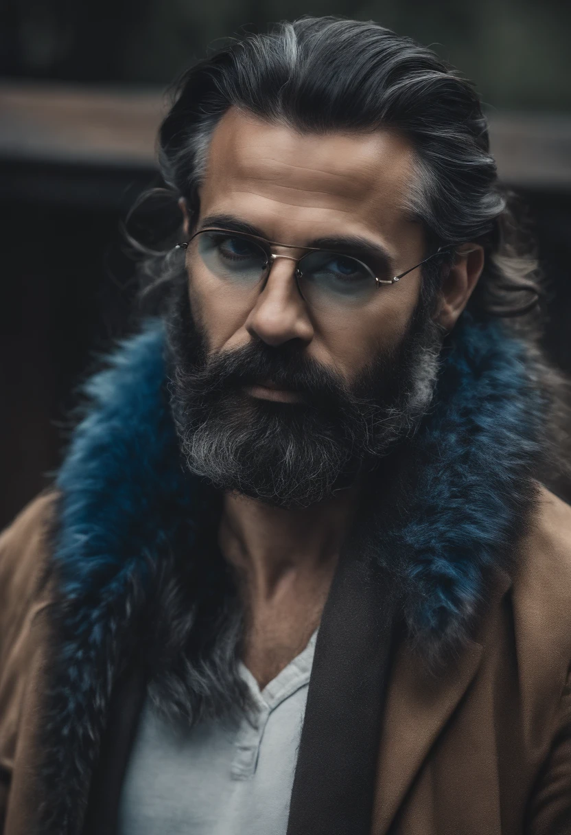 Homem 39 anos, basicamente forte, cabelo castanhoescuro com fios brancos, bigos e uma barba so no queixo, okhos expressivos, sorriso de lado, fone de ouvido azul