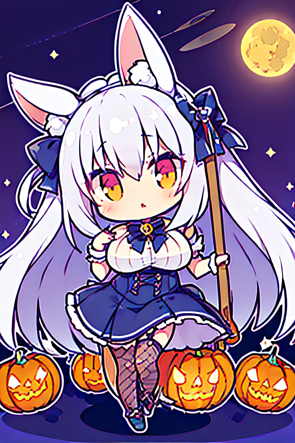 ((worst quality, low-quality)), tchibi, ((nendoroid)), (((Rabbit eared girl))), Solo, ((Big breasts)), ((Long silver hair)), Hair over one eye, plump shiny lips, Beautiful clear eyes, Spoken Heart, ((the witch)), fishnet tights, embarrassed, (Flying broom:1.3), ((Composition on a flying broom)), ((squash)), (((Jack Lantern))), (Suspicious light, rays of moonlight:1.4), (( The background is the moon)), high-angle shot, masutepiece,Best Quality,ultra-detailliert,