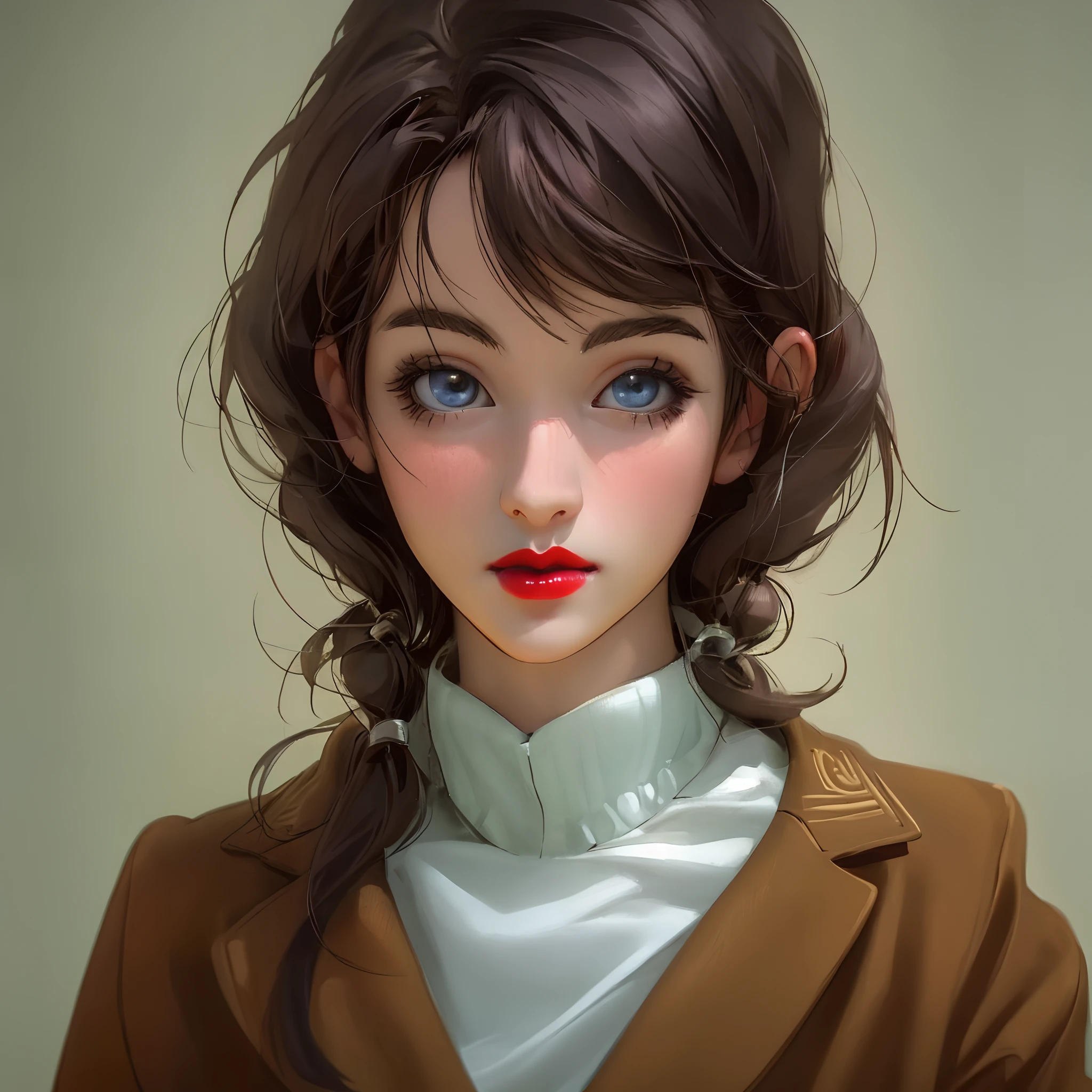 A realistic mature anime girl with high quality she is 20 years old red lips the point of view of the writer only or the human hair