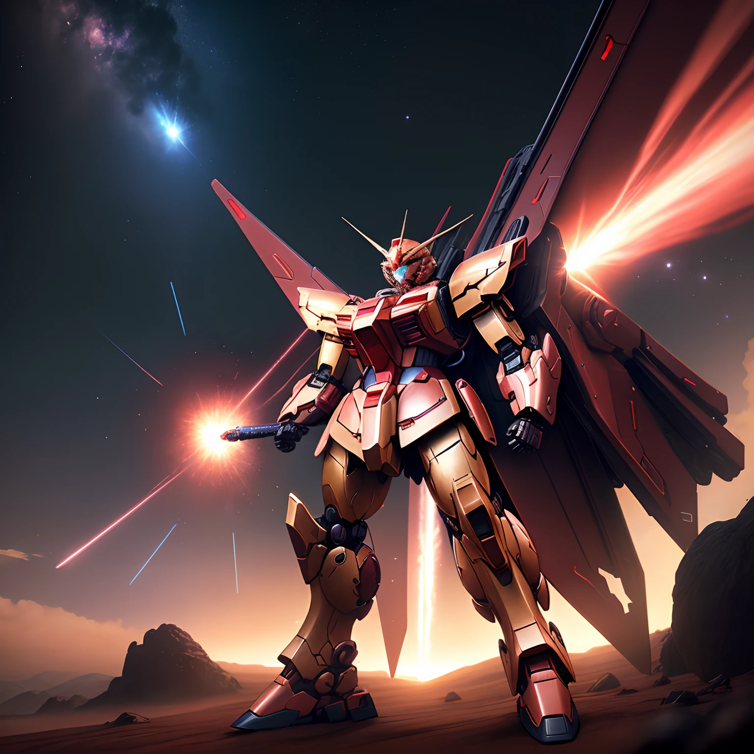 Gundam in real life, robot, HD, sinanju, dark red-metallic theme, epic scene, background is space, in fighting moment, high quality detailed, mechanical, best post, balanced proportion, metallic, have metallic backpack