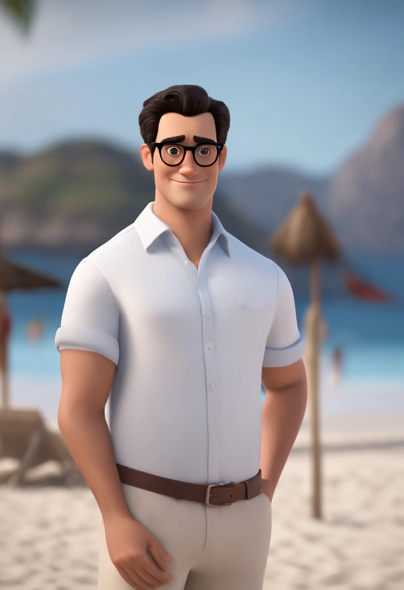 Disney Pixar character, a tall 34-year-old man on the beach, in a dress shirt, with brown eyes and black hair, wears black oval glasses. Thin, with white skin, oval face, short haircut
