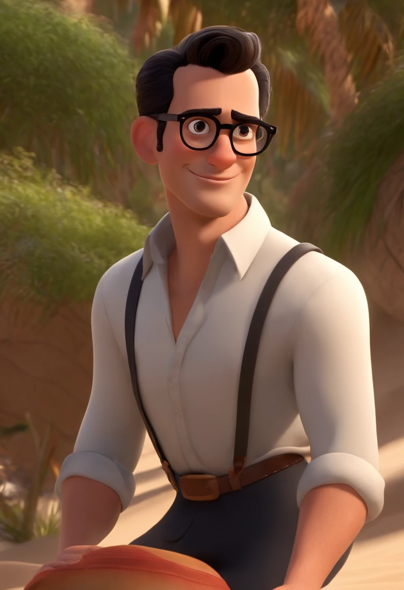 Disney Pixar character, a tall 34-year-old man on the beach, in a dress shirt, with brown eyes and black hair, wears black oval glasses. Thin, with white skin, oval face, short haircut