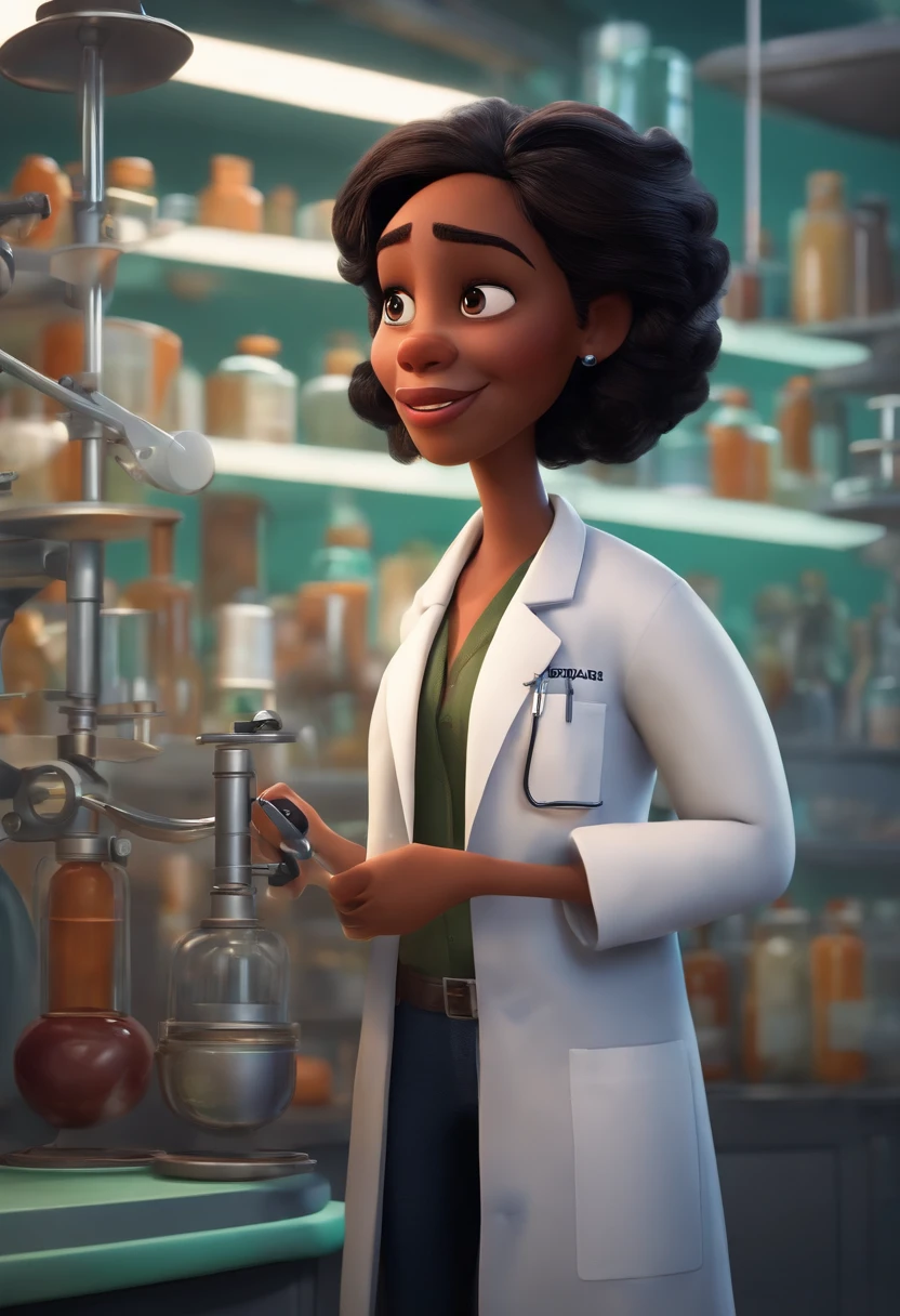 Criar um personagem preta de cabelos escuros ondulados, Pixar-style inside a lab coat.