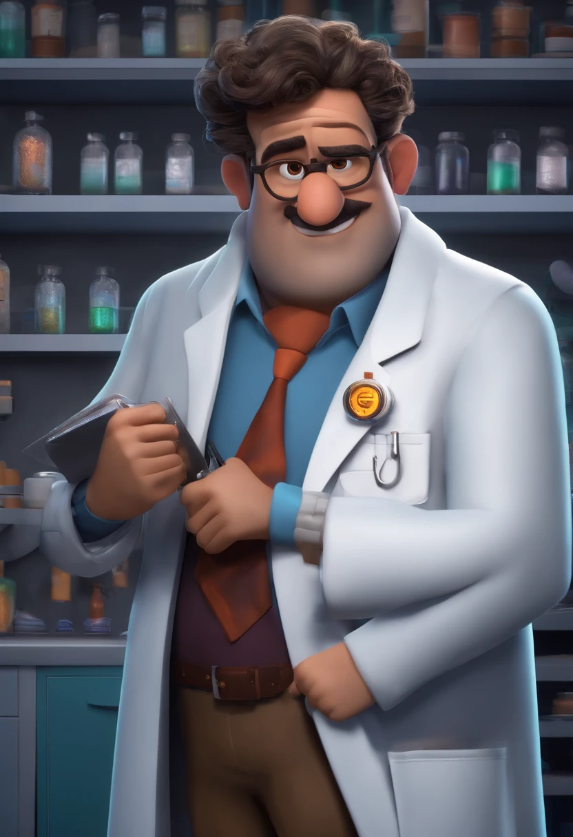 Criar um personagem preta de cabelos escuros ondulados, Pixar-style inside a lab coat.