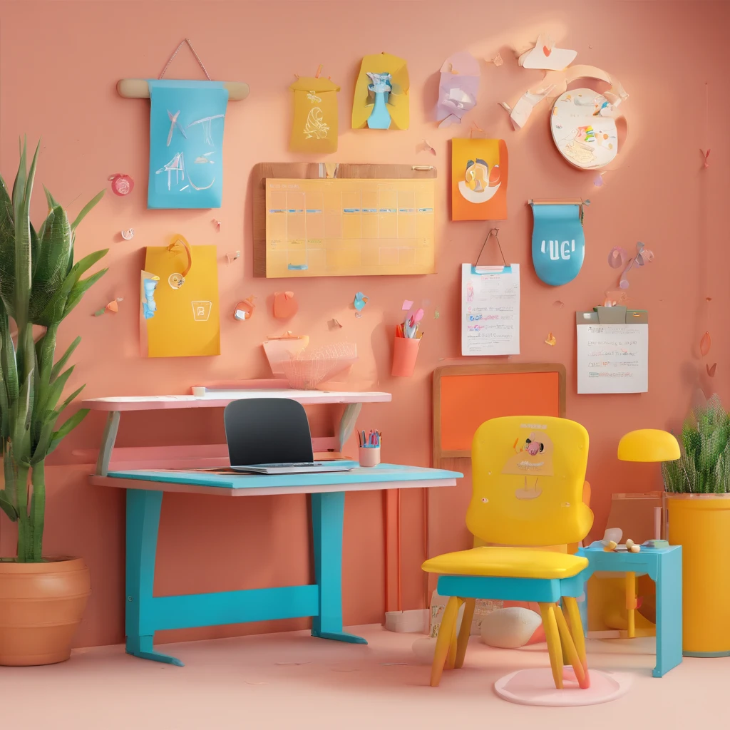 Crie um cartaz inspirado na Disney Pixar com o personagem sendo uma mulher de cabelos pretos longos usando roupa neutra, Smiling and soft expression. esta no atelie com uma mesa com notbook e impressora, canetas e cadernos sobe a mesa. ao fundo um pegboard com notas adesivas, uma janela com luz natural entrando, A sense of creativity and inspiration permeating the space, Vibrant, playful colors that blend harmoniously, A showcase of artistry and passion.