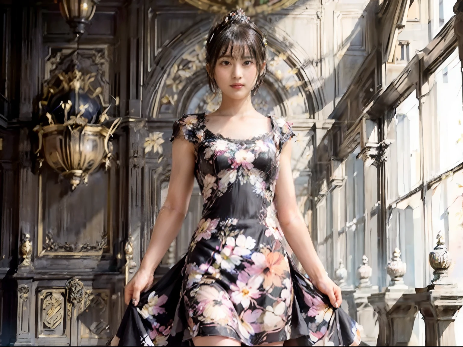 80
(20-year-old princess,is standing), (A hyper-realistic), (masutepiece), ((short-hair:1.46)), (Smooth black hair), (Breast:1.0), (kindly smile:0.9), (Floral Dresses:1.46), (Majestic Palace:1.46), Orange Lipstick