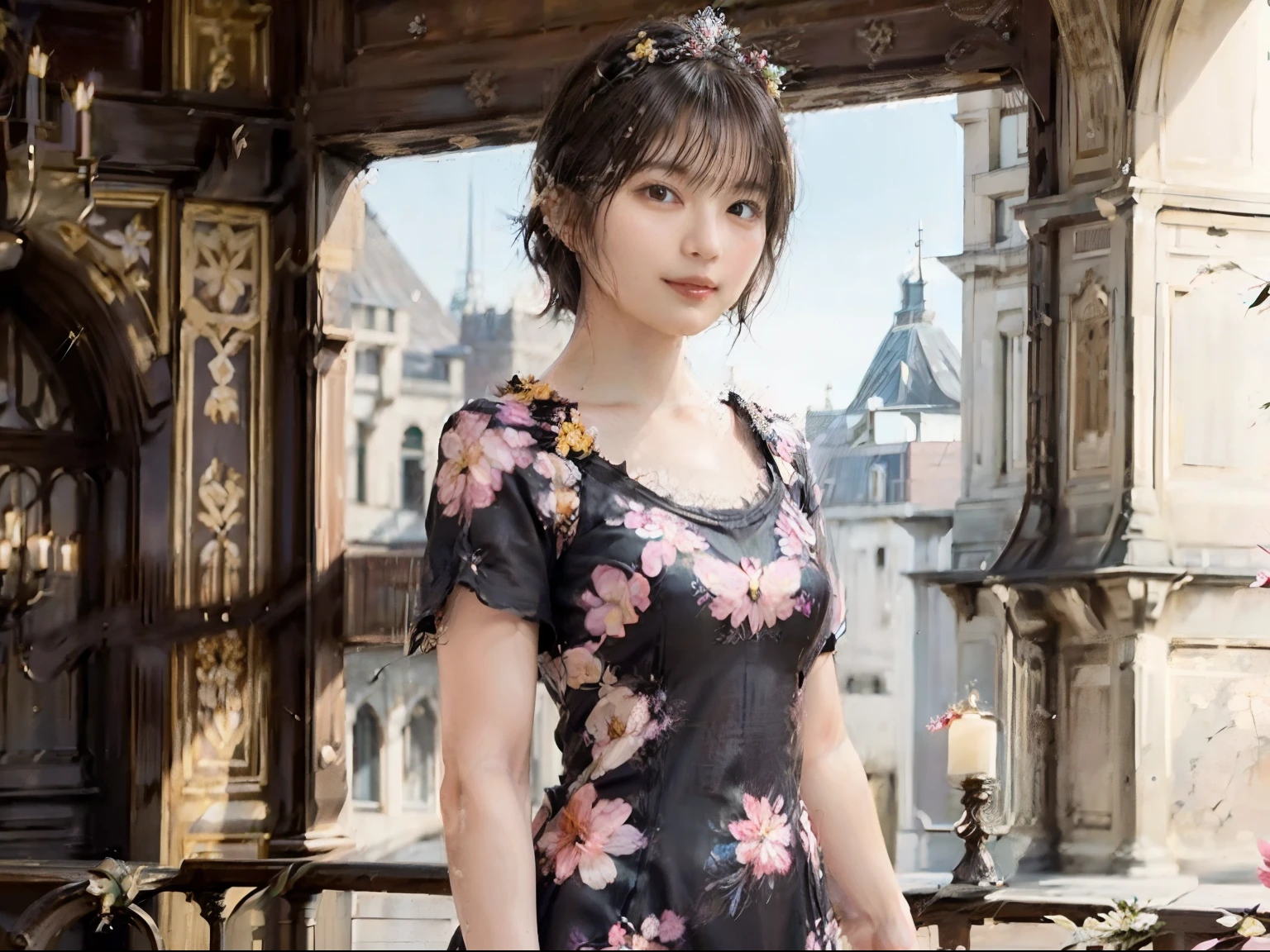 80
(20-year-old princess,is standing), (A hyper-realistic), (masutepiece), ((short-hair:1.46)), (Smooth black hair), (Breast:1.0), (kindly smile:0.9), (Floral Dresses:1.46), (Majestic Palace:1.46), Orange Lipstick