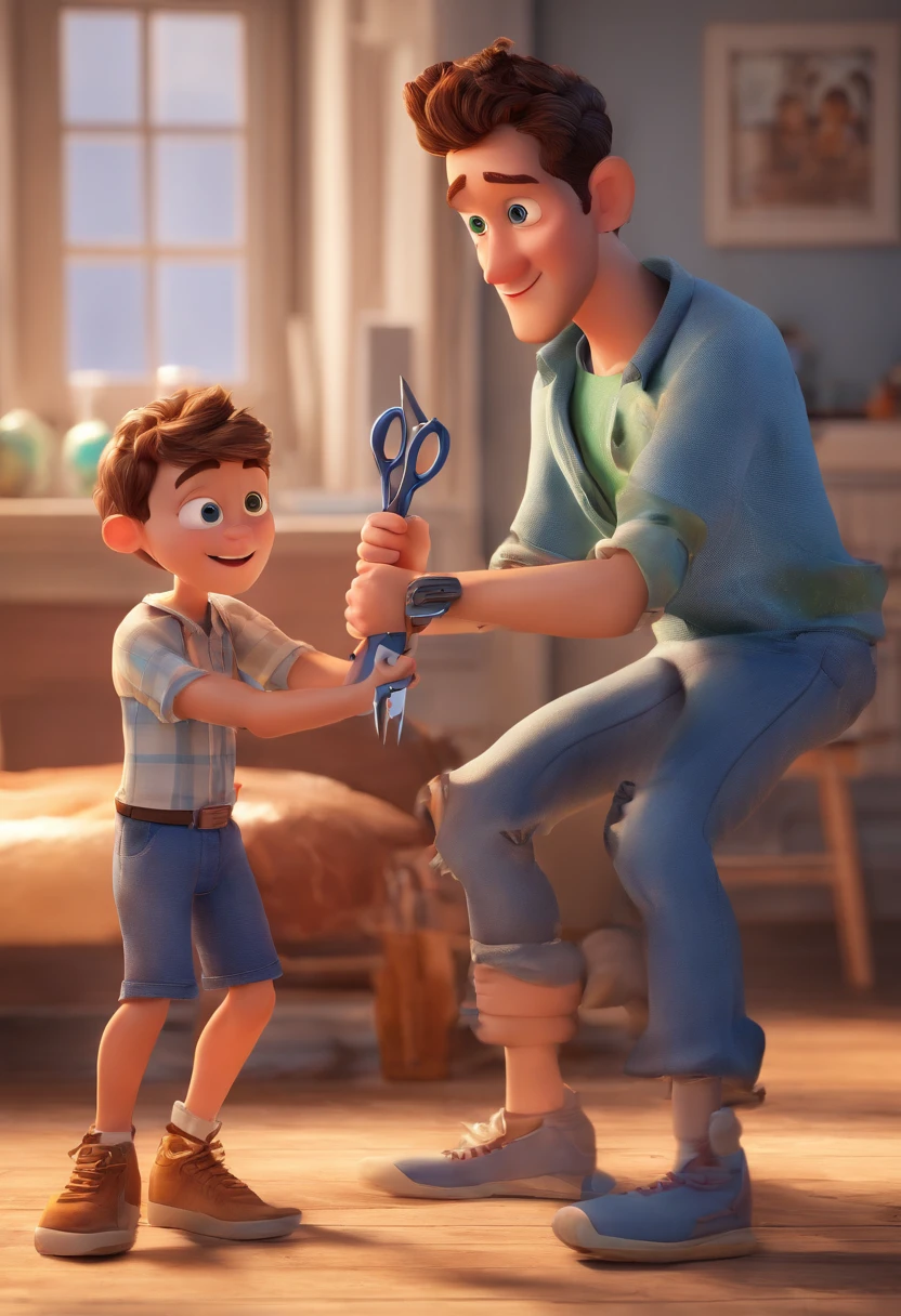 Pixar style: the adult man is holding a naked boy with blue eyes and in the other hand he is holding scissors and is trying to cut off the boy's testicles,3d poster,disney