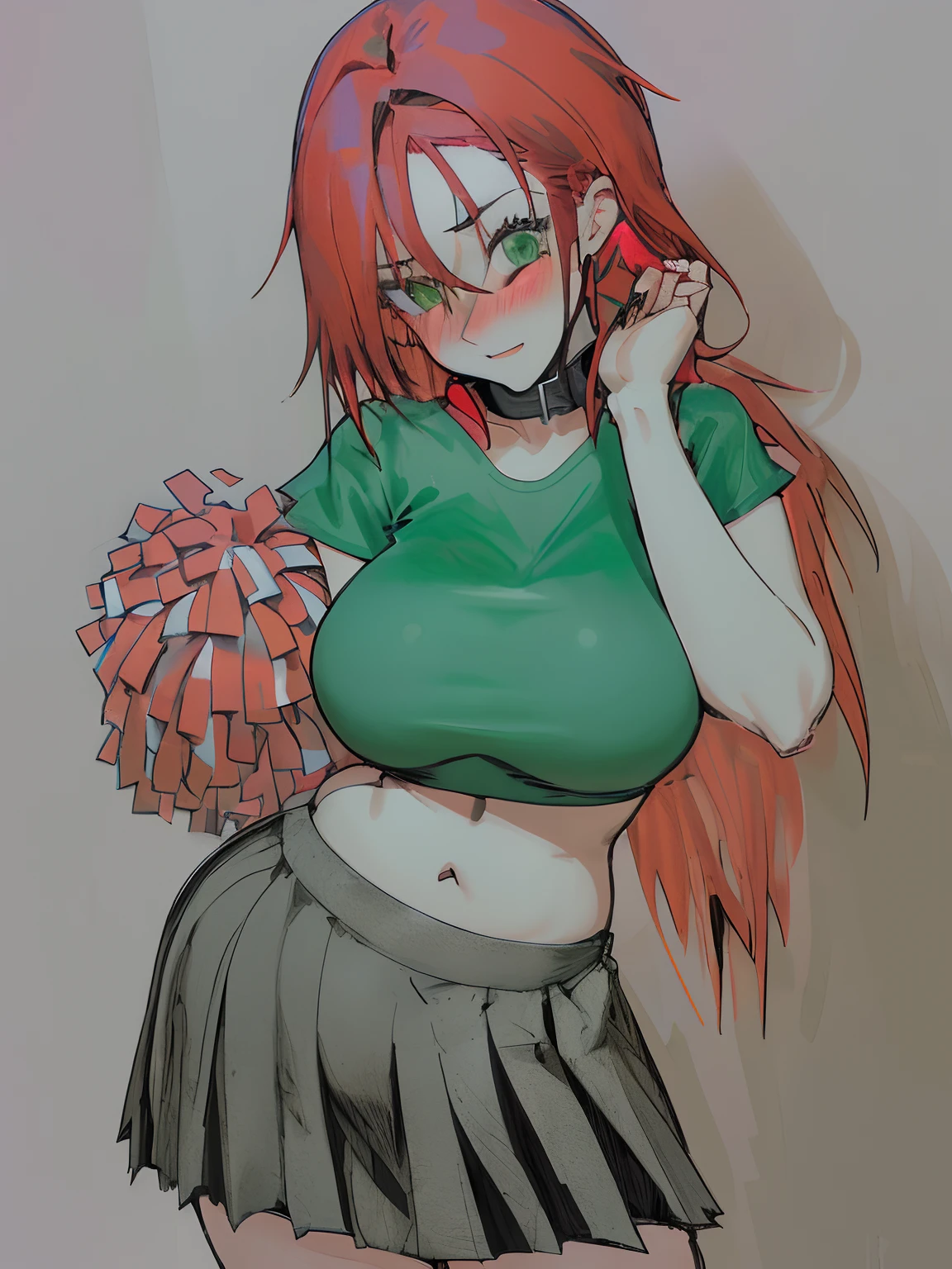 1girl, solo, red hair, green eyes, shy, pom-pom, black skirt, collar, fixing hair, green crop top, midriff, huge breasts, huge hips, thick thighs, full body, blushing, curvy,