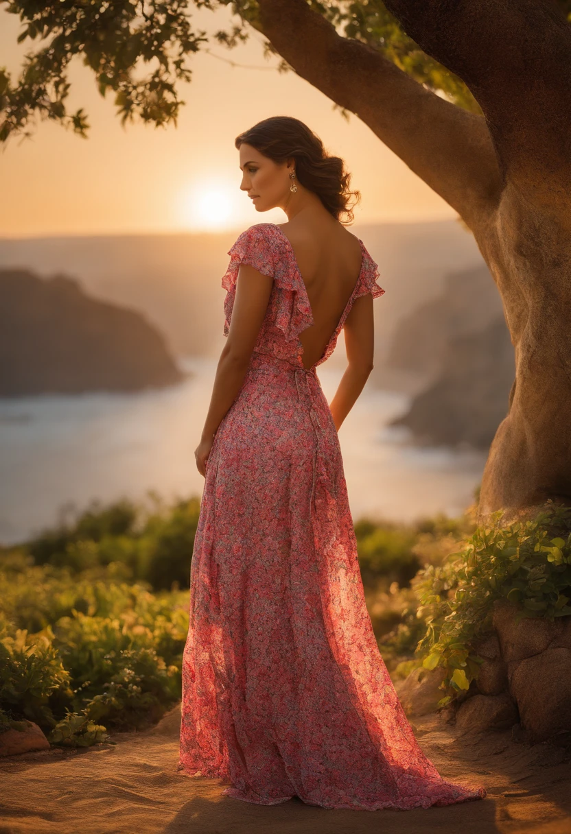 Uma Disney 3D/Cartaz do filme Pixar. A woman in a floral dress standing under a tree, mulher de cor parda, cabelos loiros, cabelos ondulados, idade 30 anos, altura 1,65, olhos castalhos claros, um retrato inspirado em Samuel Silva, Unsplash, acontecimento, vestindo chiton floral, vestido floral art novuea, usando um vestido havaiano, vestindo chiton floral rosa, Tiro de RP, full body photogenic shot, vestido florido, fotografia de corpo inteiro, foto de retrato de corpo inteiro, infinidade de cores ; mini vestido