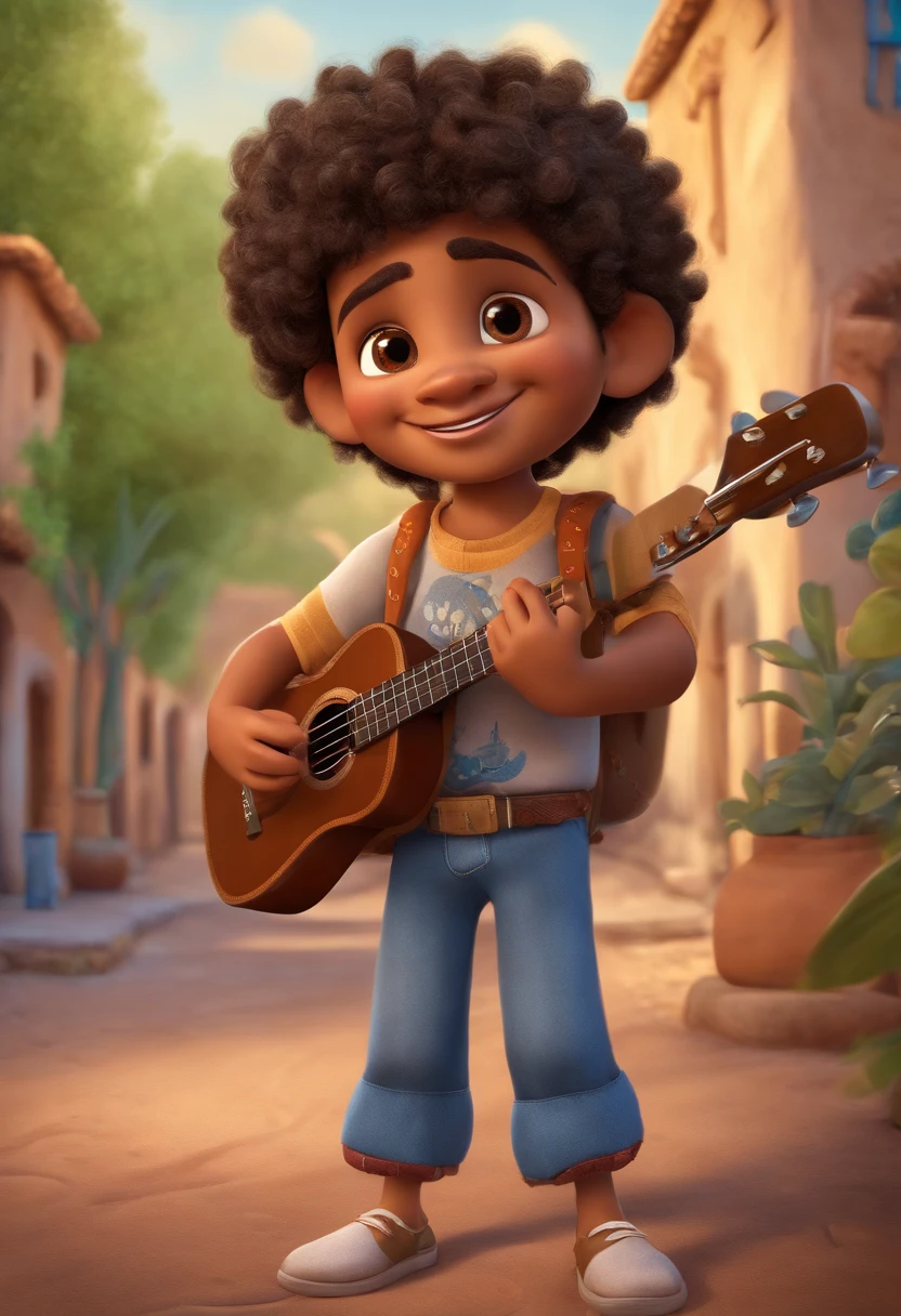 crie um banner no estilo Pixar. A boy with Indian features, moreno pardo com cabelos curtos, Castanhos escuros, Curly and slightly grayish appearance, mas jovem, usando uma camiseta, Wearing jeans and holding a classical guitar with 7 strings.
