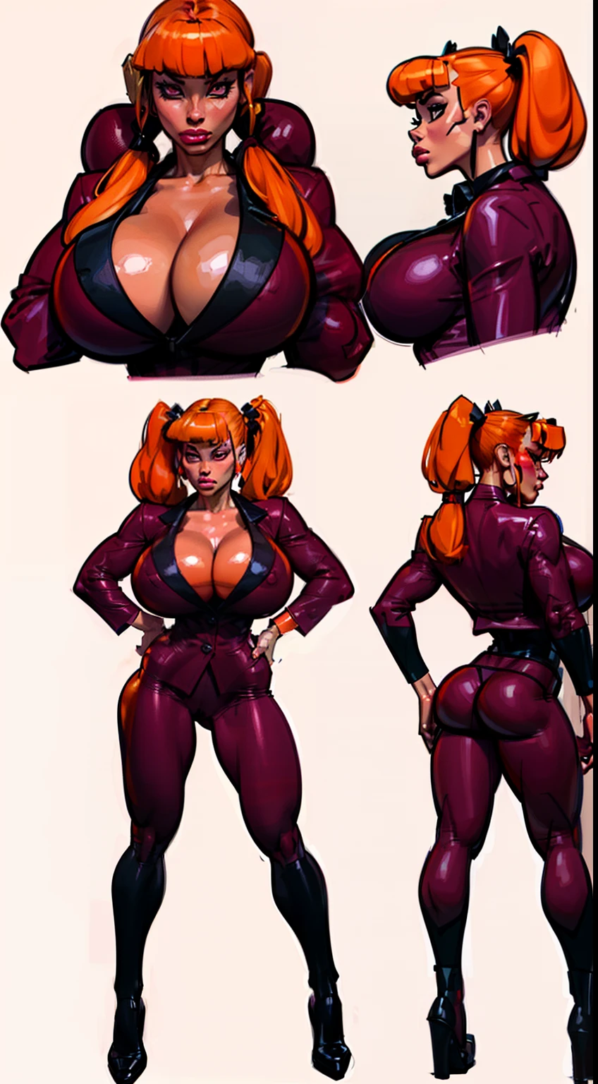 ((masterpiece)),(((best quality))), ((character design sheet:1.4)), ((full body view)) illustration,1girl, muscular, ((burgundy business suit:1.4)), blossom, ((hair bangs)), ((orange hair:1.4)), burgundy suit ((detailed face:1.4)) ((gigantic breasts:1.3)), (latex pants), ((cleavage)), beautiful woman, ((long twintails)), shiny skin, (thick legs), scribbles and marks, , rough sketches, pose, 8k,16k, (simple background, white background: 1.3)