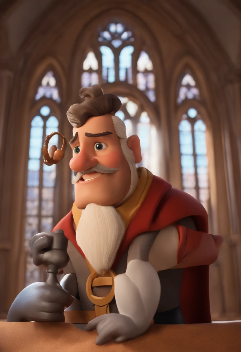 um homem, em breve, barba curta, e bigode sem fechar a barba, olhos castanhos, com fones de ouvido azuis, um pulpito de uma igreja ao fundo, Imagem no estilo Pixar, Estilo de filme animado 3D, Disney, camiseta preta com uma chama no meio