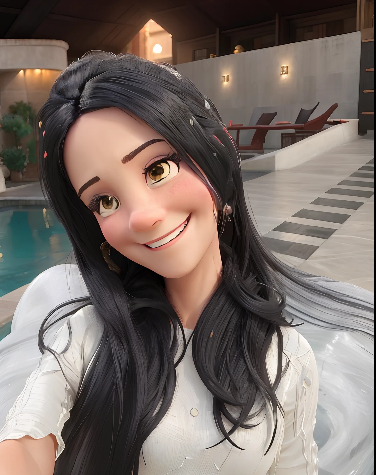 Smiling woman with long black hair in white dress standing in front of a swimming pool, bonito e sorridente, Malika Favre, fernanda suarez, Alanis Guillen, Valentina Embaralhamento, lovely smile, Directed by: Nandor Soldier, mulher nova com cabelo escuro longo, She is grinning, Violeta Myers, sorrindo e olhando diretamente estilo disney pixar, alta qualidade, melhor qualidade
