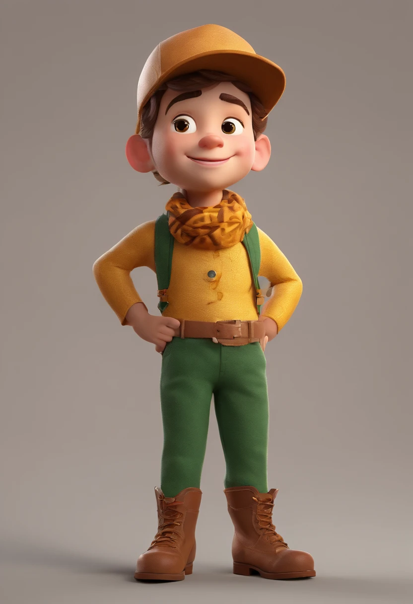 personagem de desenho animado, menino, usando camisa marrom claro, com bolsos, wearing yellow scarf around his neck, wearing green pants, cara de peralta, Dark green cap, personagem 3d, 3D-rendering, personagem de desenho animado, personagem de up, estilo pixar, (master part:1.2) (Bokeh) (melhor qualidade) (pele detalhada) (textura detalhada) (8k) (argila) (Cinematic lighting) (foco nítido) cabelo curto moreno