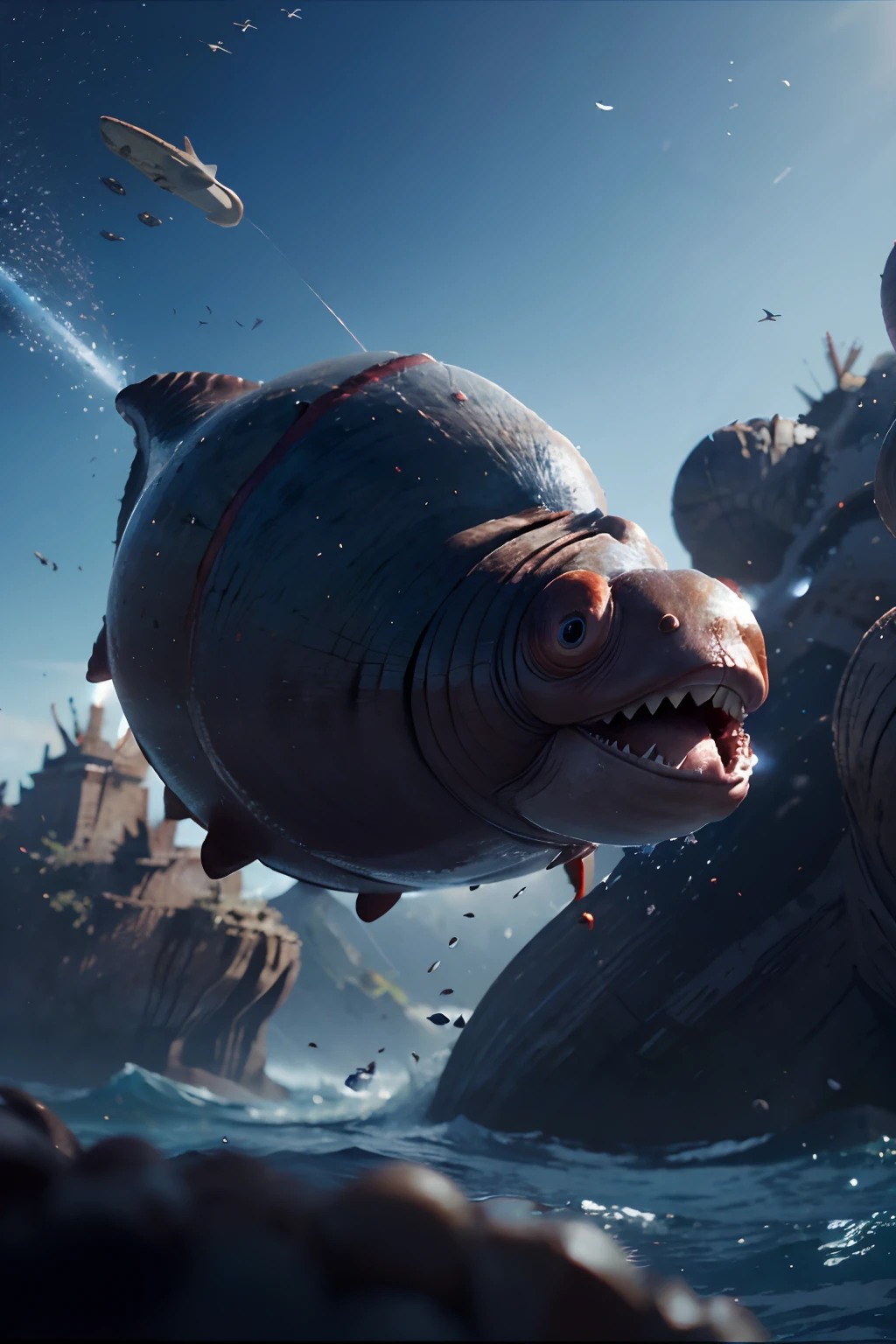 A very dynamic scene. A Huge Fantasy Beast, Snail Whale, Blue-Red. Quick exit from the giant shell. Very close-up. Disney Pixar cartoon. Photorealistic, Cinematic. There are a lot of flying splashes around in different directions. Blurred background in motion. Light haze.