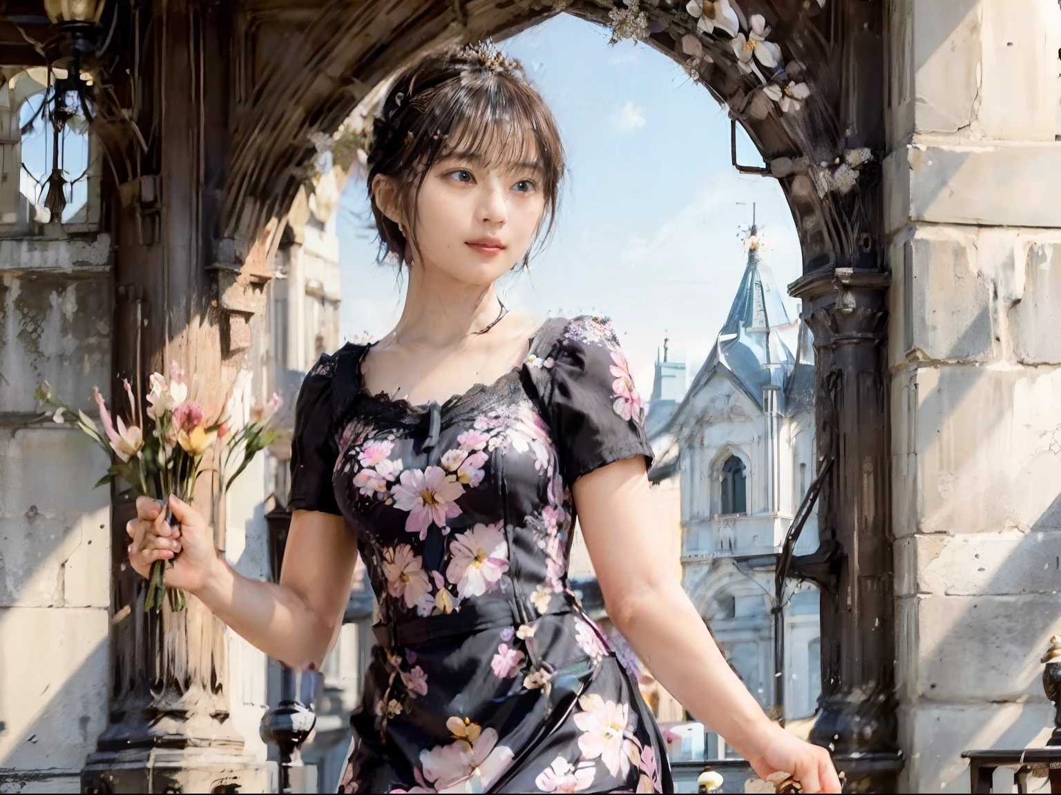 80
(20-year-old princess,is standing), (A hyper-realistic), (masutepiece), ((short-hair:1.46)), (Smooth black hair), (Breast:1.0), (kindly smile:0.9), (Floral Dresses:1.46), (Majestic Palace:1.46), Orange Lipstick