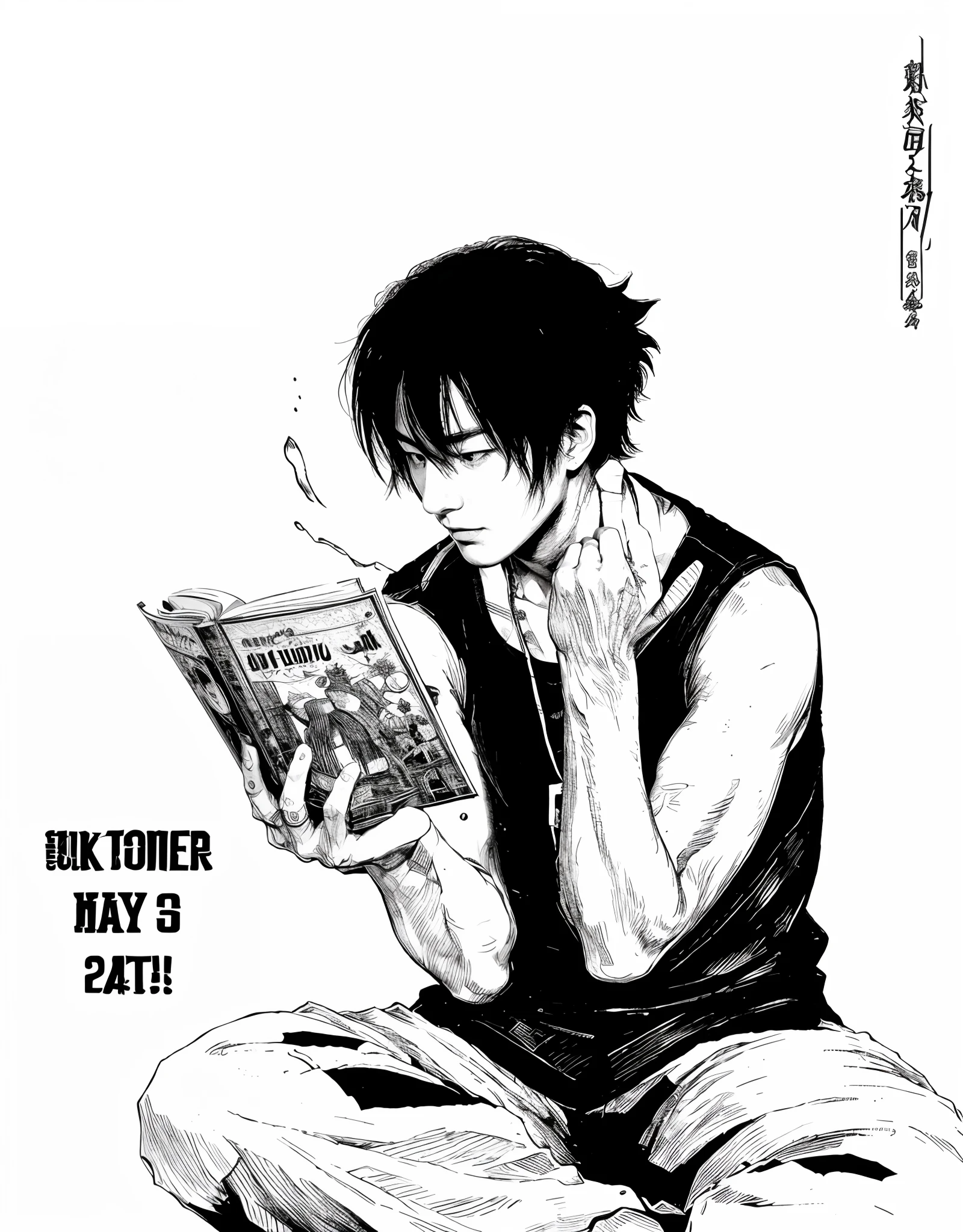 Close-up of man with black and white image, inspired by Okumura Masanobu, based on Ito Ogura Yonesuke, Manga style by Kentaro Miura, hinata hyuga, Okata Kazuto..., His portrait in the manga, Manga style by Kentaro Miura, based on Okumura Togyu
