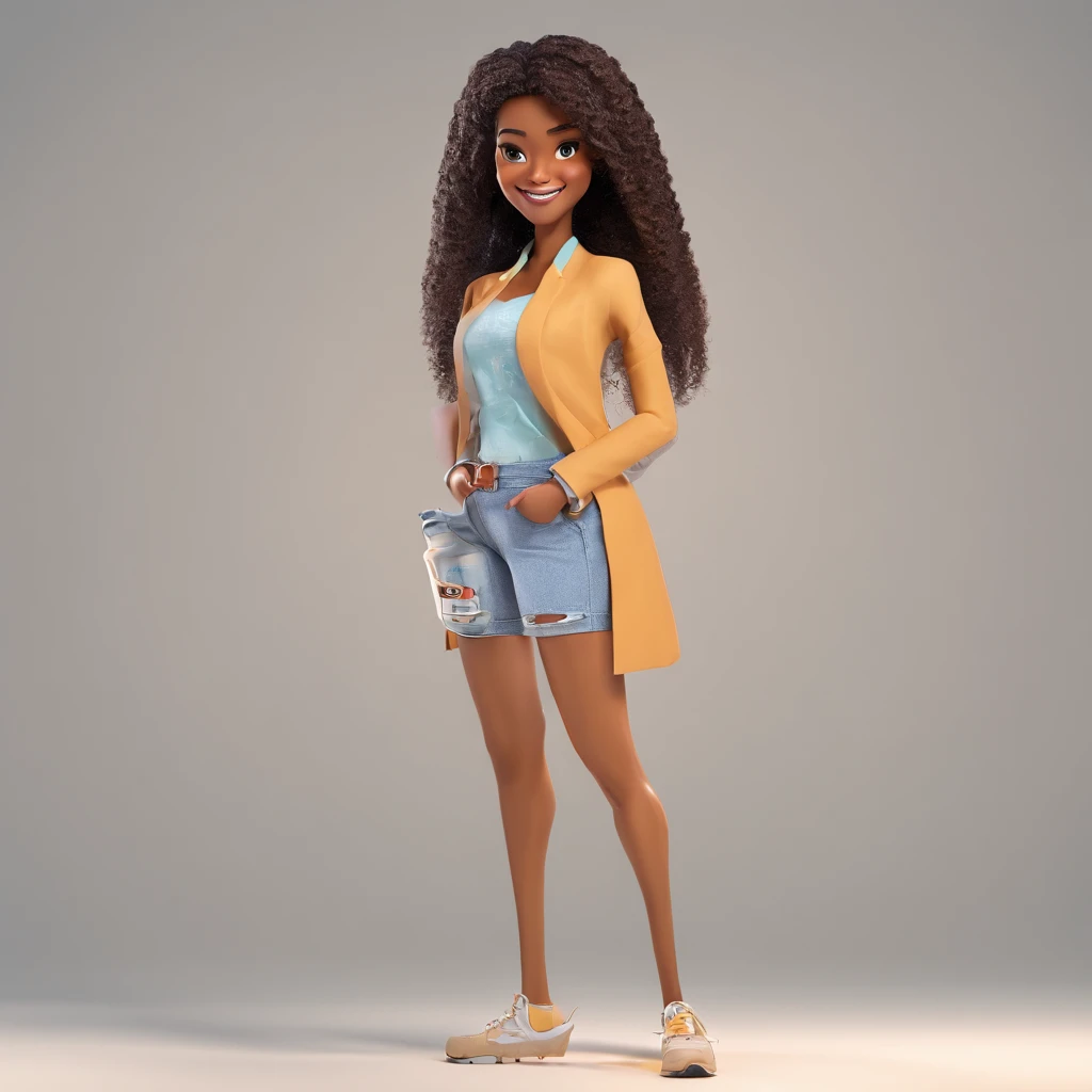 uma mulher de cabelos pretos longos usando roupa neutra, Smiling and soft expression. esta no atelie com uma mesa com notbook e impressora, canetas e cadernos sobe a mesa. ao fundo um pegboard com notas adesivas, uma janela com luz natural entrando, a sense of creativity and inspiration