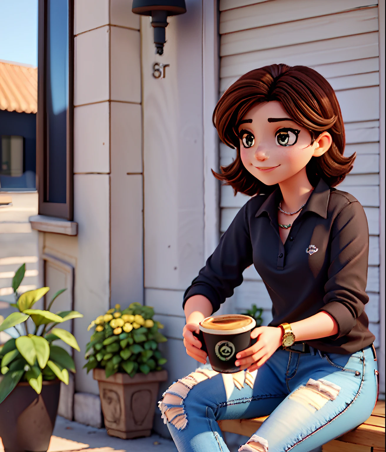 Beautiful Brazilian woman sitting and drinking coffee outside on the side of the street in a small café, beautiful face, Short black hair down to the nape of her neck with brown eyes and heavy eyeshadow, Wearing jeans and a black polo shirt, grande estilo de moda, looking at you with loving eyes and a soft smile, Background is a European city of the city center, fundo desfocado, profundidade de campo rasa, Cinematic light, luz suave, retroiluminado, micro-detalhes, renderizado, fotorrealista, cinemactic, 85mm 1.4