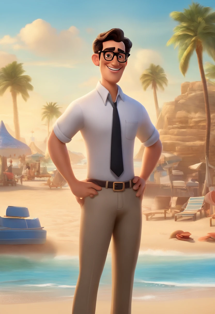 Disney Pixar character, a tall 34-year-old man on the beach, in a dress shirt, with brown eyes and black hair, wears black oval glasses. With white skin, thin face, short haircut, smiling, thin, with a sign saying Real Biz