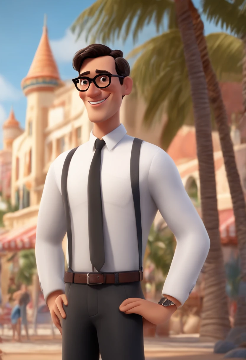 Disney Pixar character, a tall 34-year-old man on the beach, in a dress shirt, with brown eyes and black hair, wears black oval glasses. With white skin, thin face, short haircut, smiling, thin, with a sign saying Real Biz