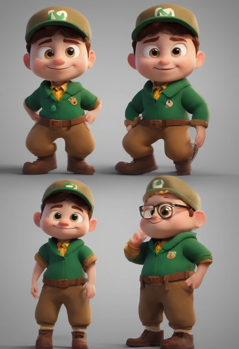 personagem de desenho animado, menino, usando camisa marrom claro, com bolsos, wearing yellow scarf around his neck, wearing green pants, cara de peralta, Dark green cap, personagem 3d, 3D-rendering, personagem de desenho animado, personagem de up, estilo pixar, (master part:1.2) (Bokeh) (melhor qualidade) (pele detalhada) (textura detalhada) (8k) (argila) (Cinematic lighting) (foco nítido) cabelo curto moreno