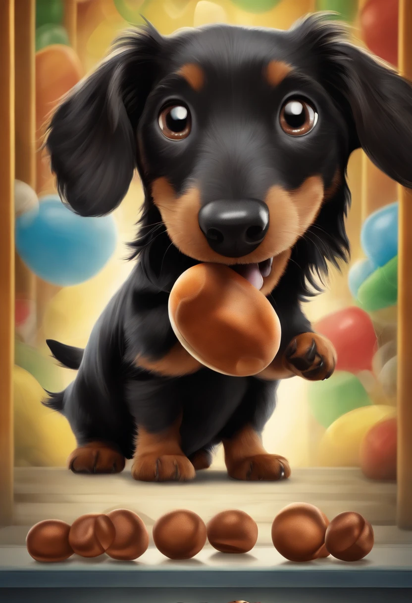 animated Disney pixar movie poster of a cute little shaggy black and brown silky wire haired dachshund with big black eyes and a black nose, going after a squeaky toy treat