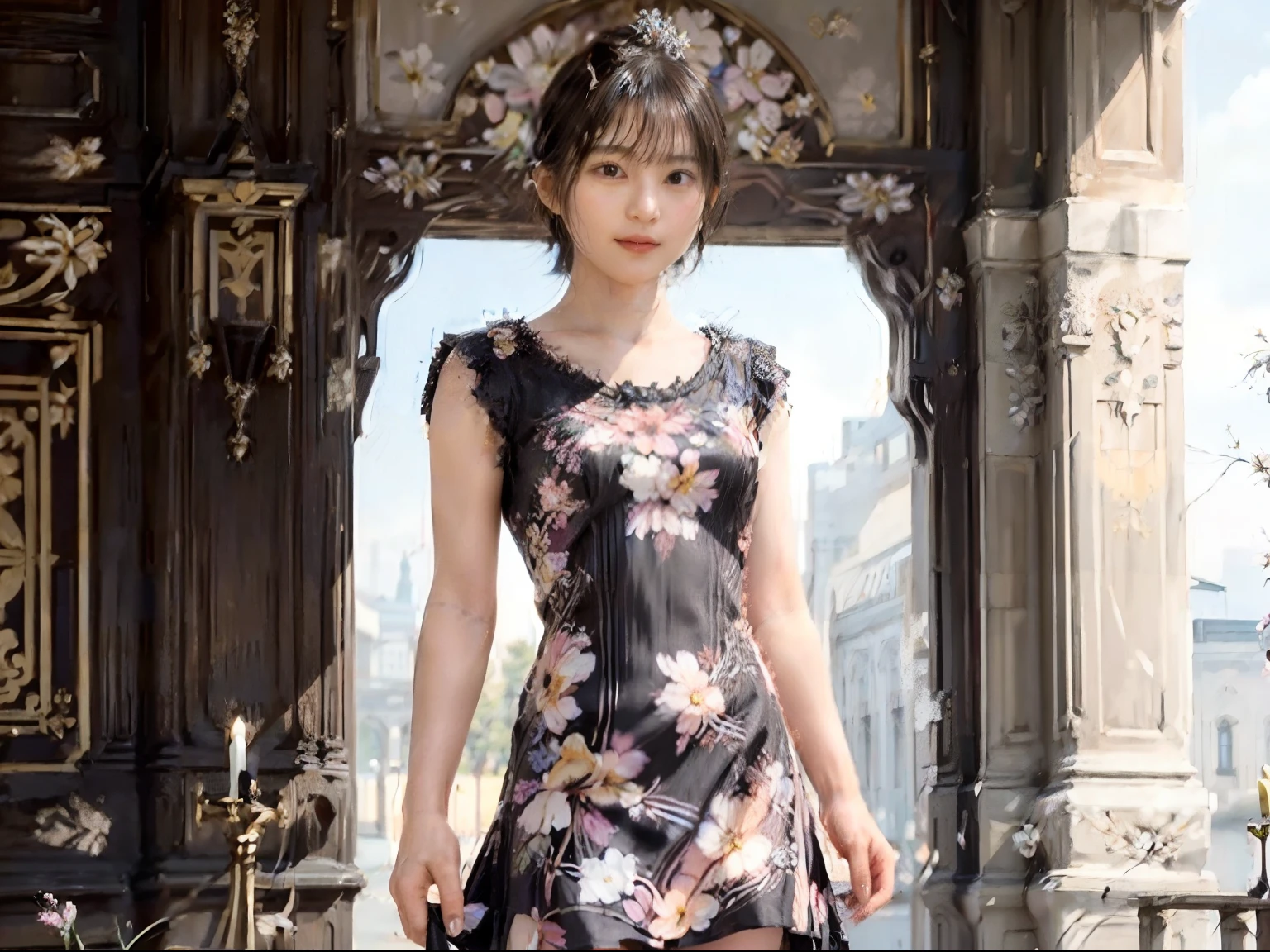 80
(20-year-old princess,is standing), (A hyper-realistic), (masutepiece), ((short-hair:1.46)), (Smooth black hair), (Breast:1.0), (kindly smile:0.9), (Floral Dresses:1.46), (Majestic Palace:1.46), Orange Lipstick