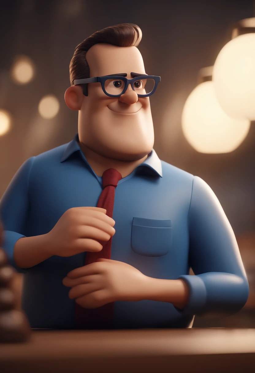 Cartoon character of a man wearing black glasses and a blue shirt, um personagem animado, Caractere estilizado, animation style rendering, 3D estilizado, Arnold Maya render, 3 d render stylized, toon render keyshot, Personagem 3D, Personagem 3D, 3d rendering stylized, 3 d character render, personagem de desenho animado, Personagem de close up, Pose de personagem, (Estilo Pixar) (master part:1.2) (Bokeh) (best quality) (pele detalhada) (textura detalhada) (8k) (argila) (Cinematic lighting) (foco nítido，Senta e vaza a parte superior do corpo