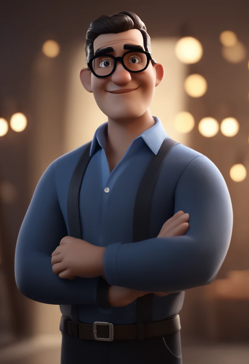 Cartoon character of a man wearing black glasses and a blue shirt, um personagem animado, Caractere estilizado, animation style rendering, 3D estilizado, Arnold Maya render, 3 d render stylized, toon render keyshot, Personagem 3D, Personagem 3D, 3d rendering stylized, 3 d character render, personagem de desenho animado, Personagem de close up, Pose de personagem, (Estilo Pixar) (master part:1.2) (Bokeh) (best quality) (pele detalhada) (textura detalhada) (8k) (argila) (Cinematic lighting) (foco nítido,Senta e vaza a parte superior do corpo