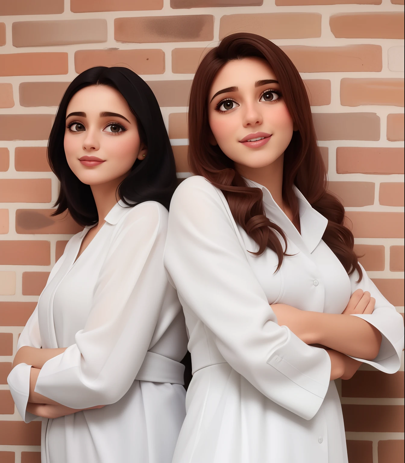 Duas mulheres bonitas, cabelos e olhos escuros, roupa branca, fundo parede tijolinhos