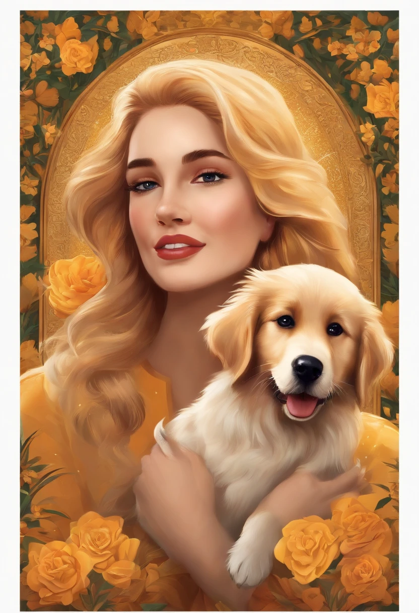 estilo disney, Nandez, mulher branca cabelo longo castanho sorrindo e enquanto segura um cachorro sorrindo e feliz , cachorro Golden retrieven bonito